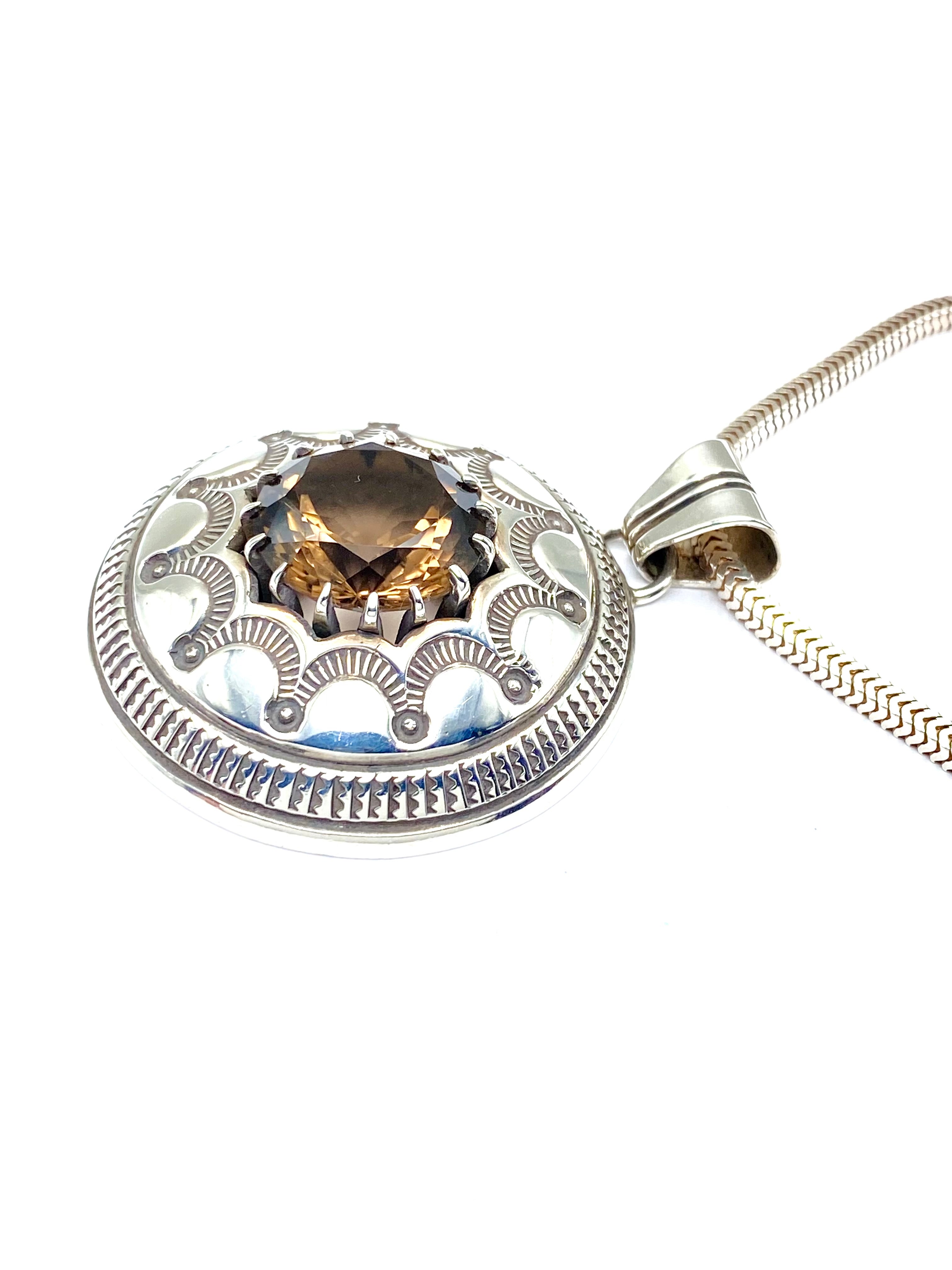 VTG Sterling Stamped Round Pendant Smoky Topaz Native American Signed
