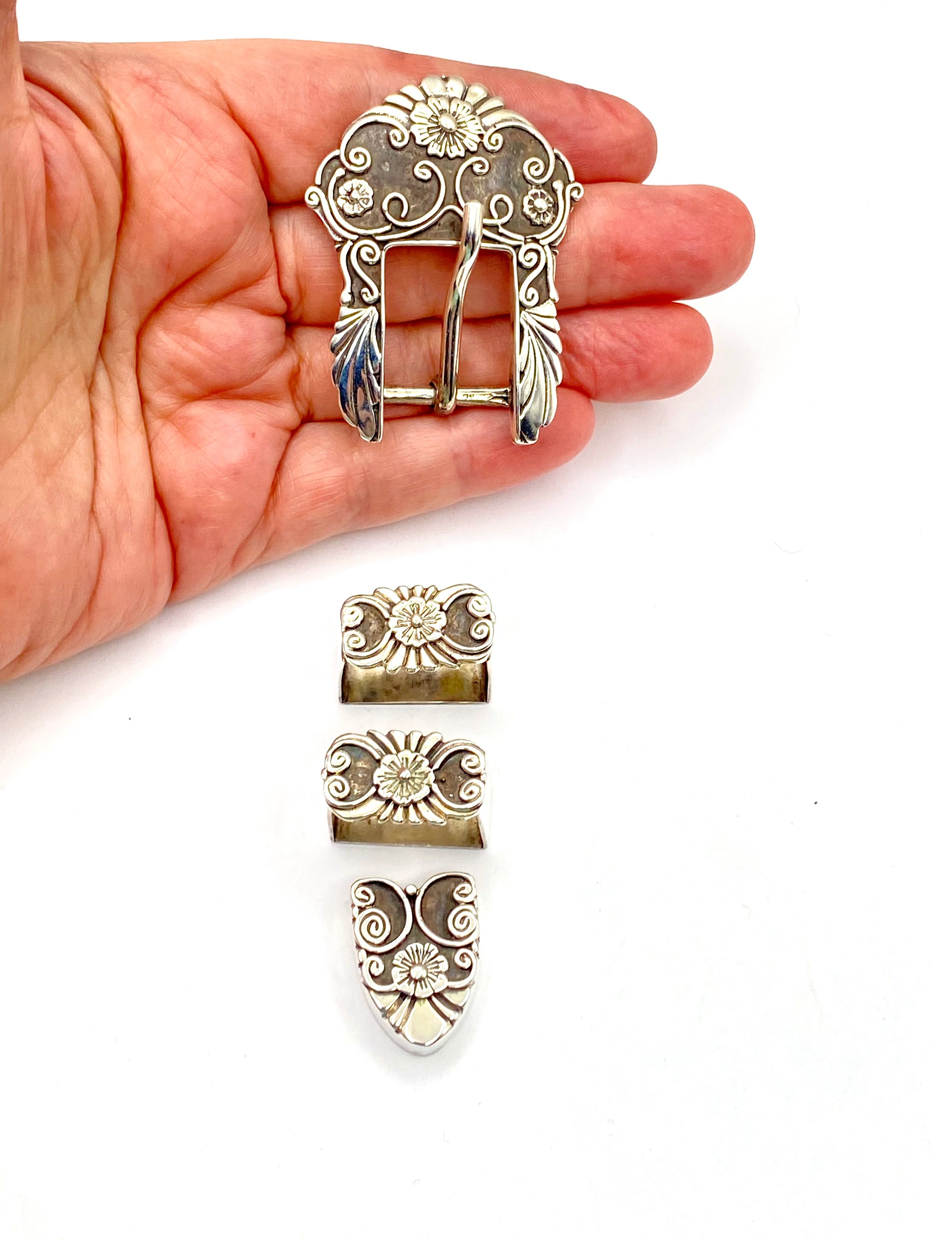 Vintage 4-piece Sterling Ranger Belt Buckle Set Heavy Gauge 5/8" Floral Signed