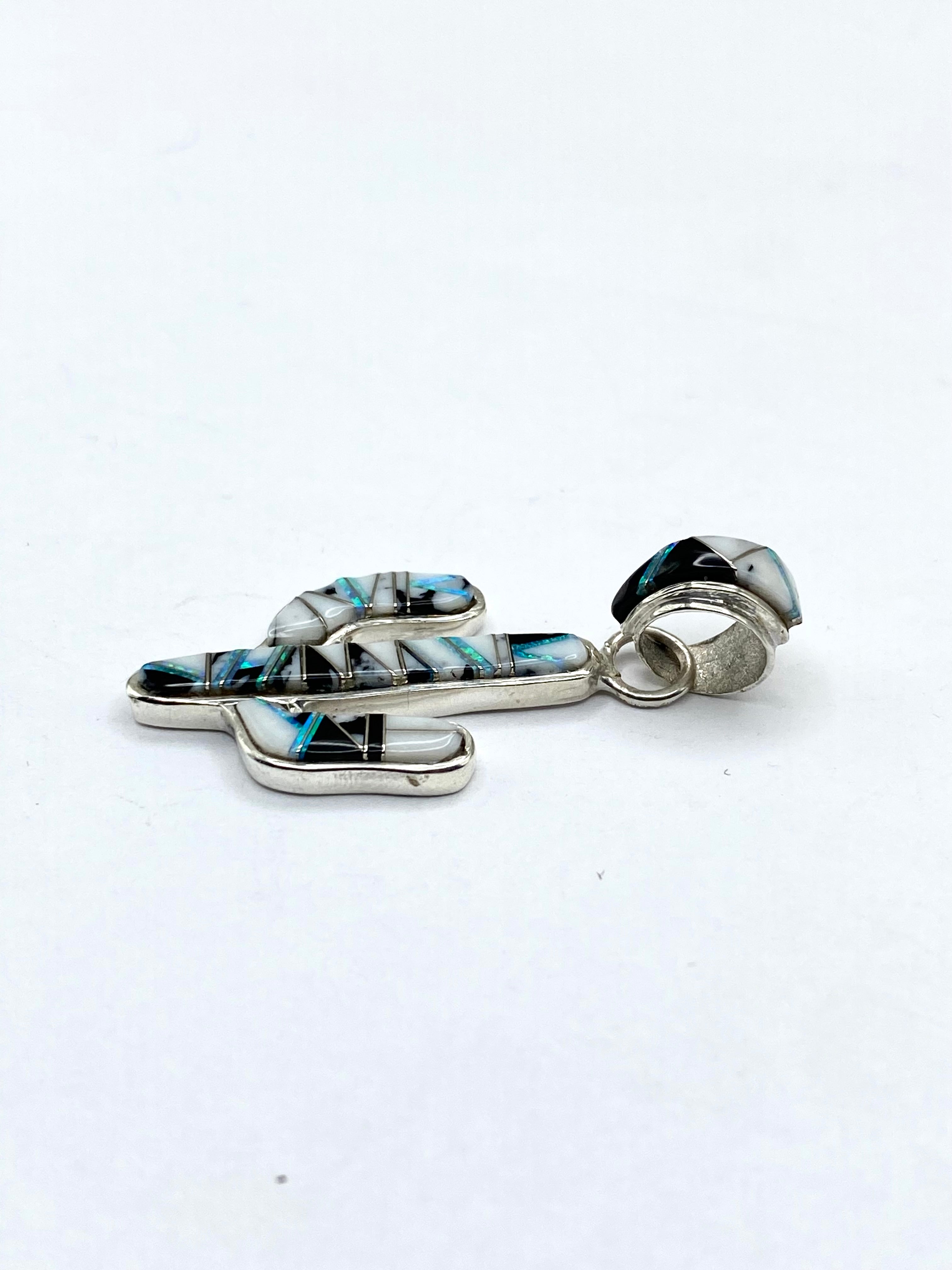Petite Saguaro Pendant Sterling White Buffalo Opal Inlay Native American Signed
