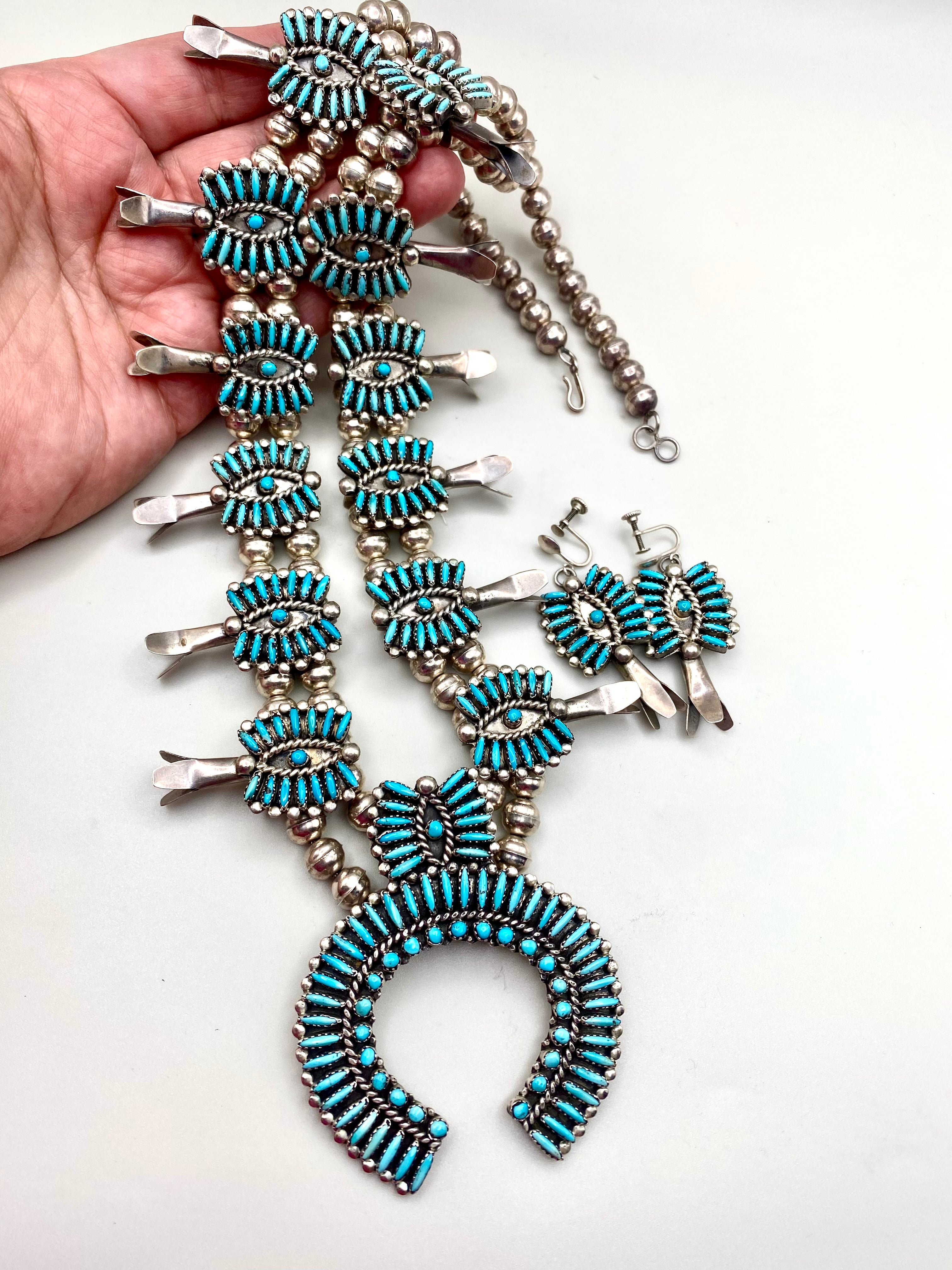 VTG Zuni Needlepoint Turquoise Squash Blossom Necklace Earring Set c. 1960s