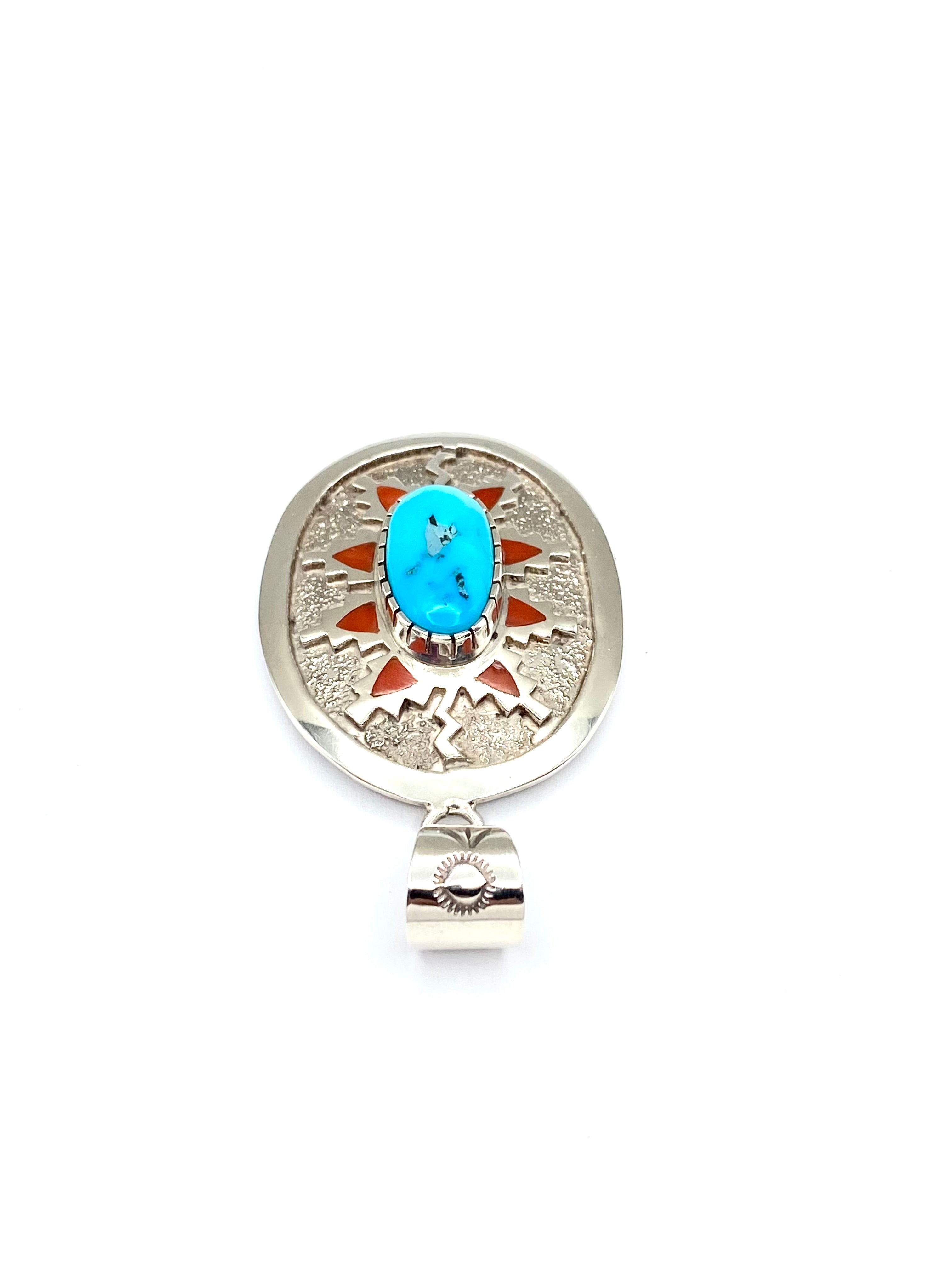 Sterling Oval Tufa Cast Pendant Turquoise Inlay Coral Michael Perry Navajo