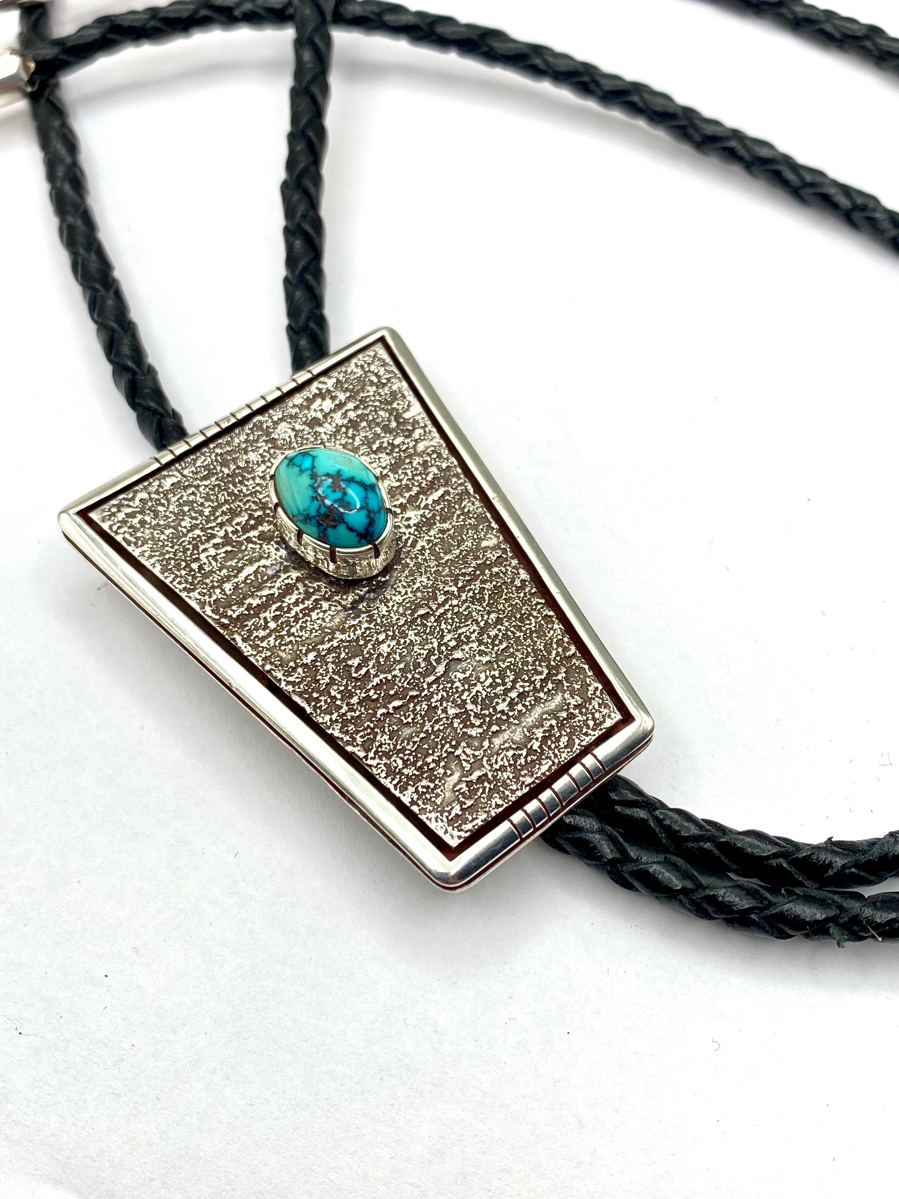 Sterling Silver Tufa Cast Bolo Tie Turquoise Heavy Gage Navajo Vernon Begaye