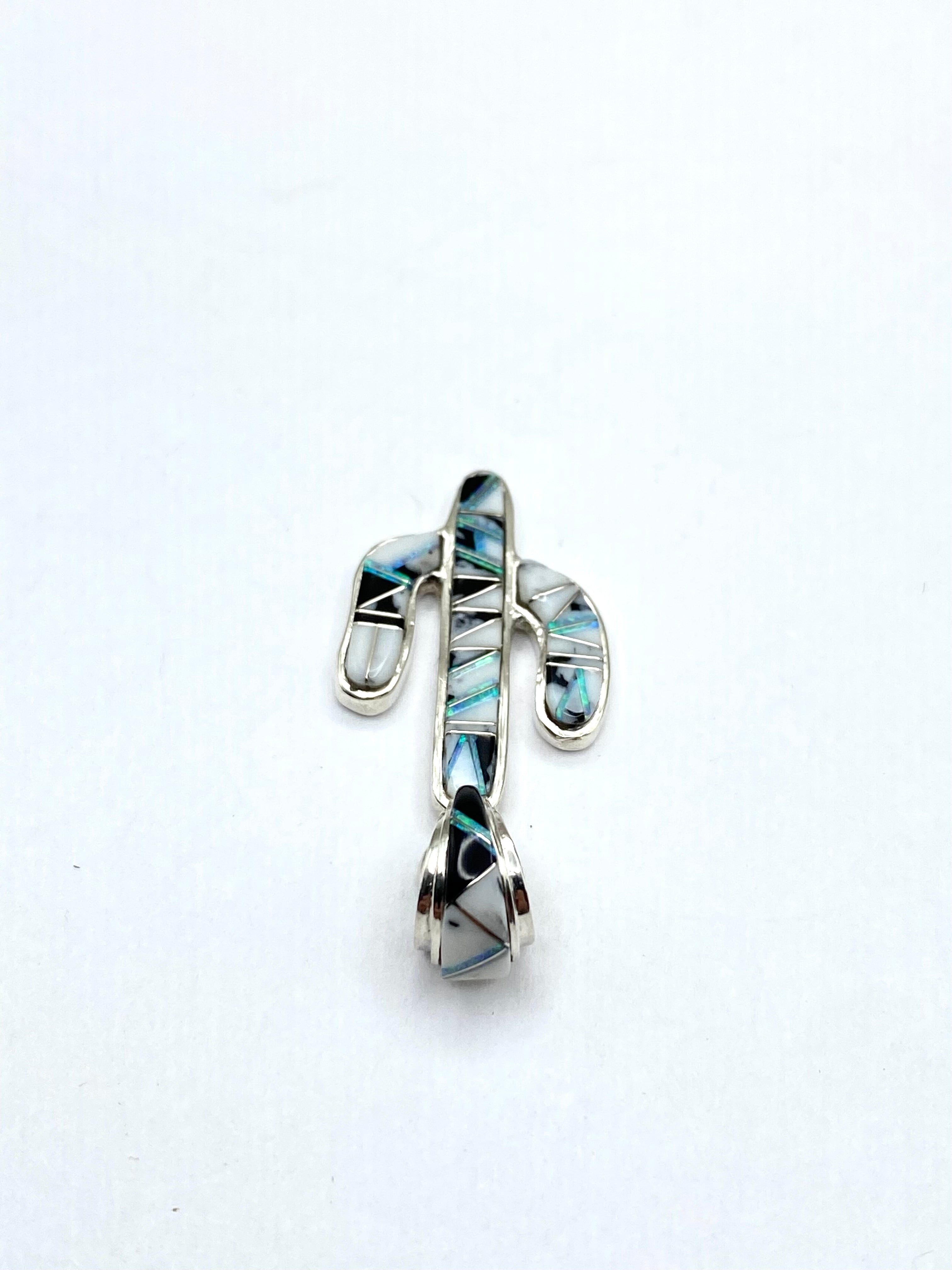 Petite Saguaro Pendant Sterling White Buffalo Opal Inlay Native American Signed