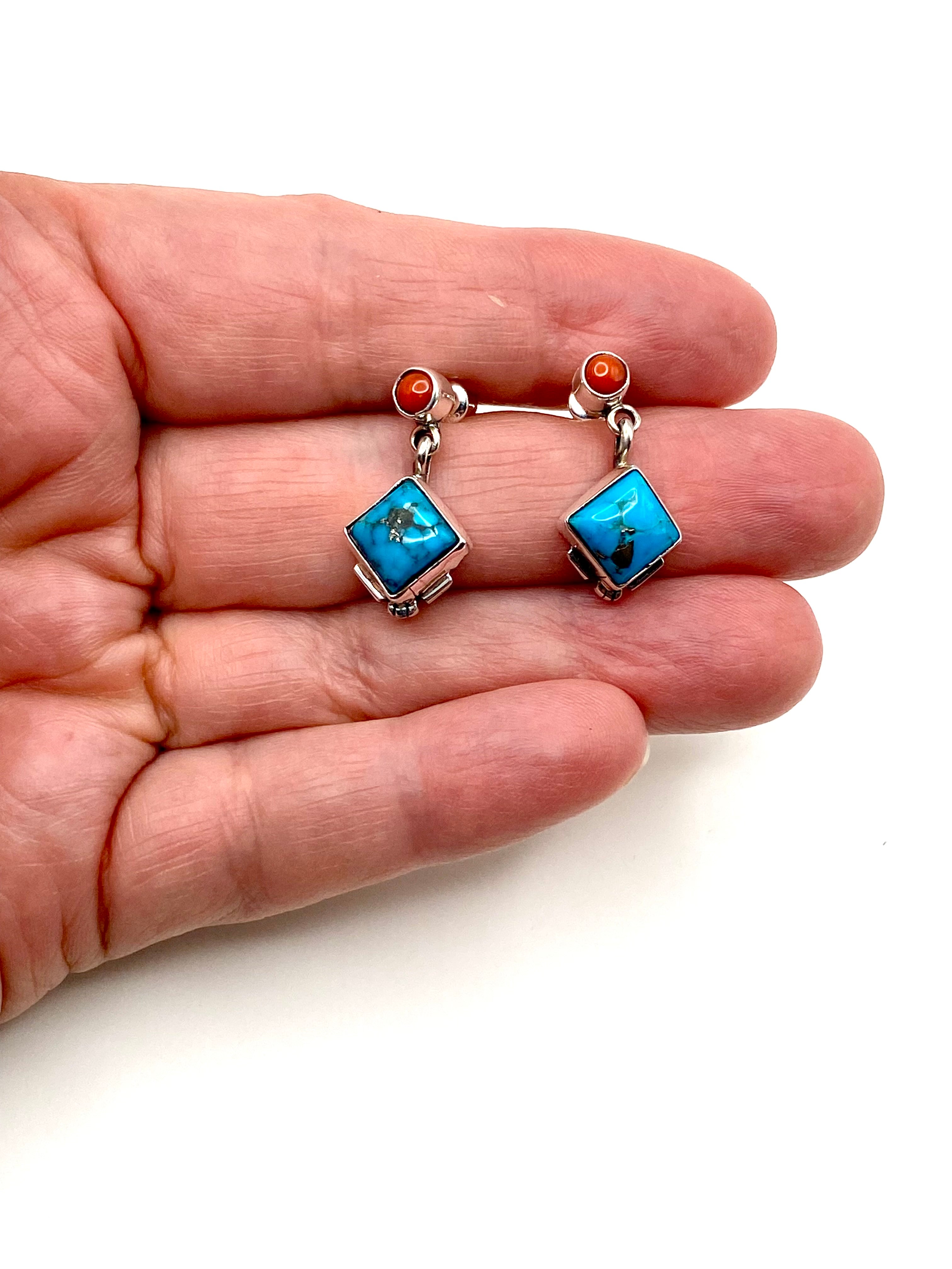 Petite Sterling Turquoise Dangle Earrings Coral Navajo V. Betone Native American