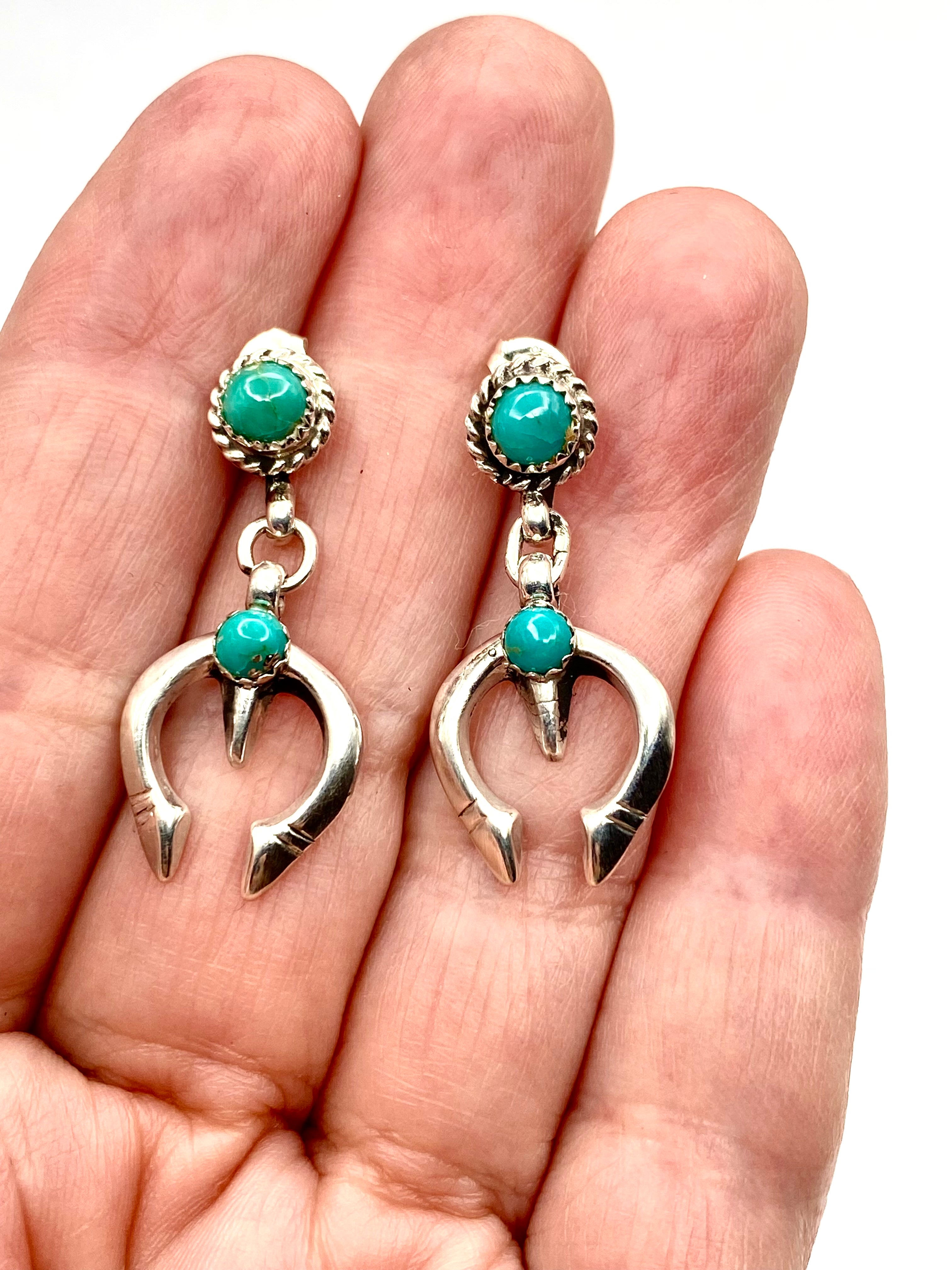 Petite Sterling Naja Dangle Earrings Green Turquoise Native American