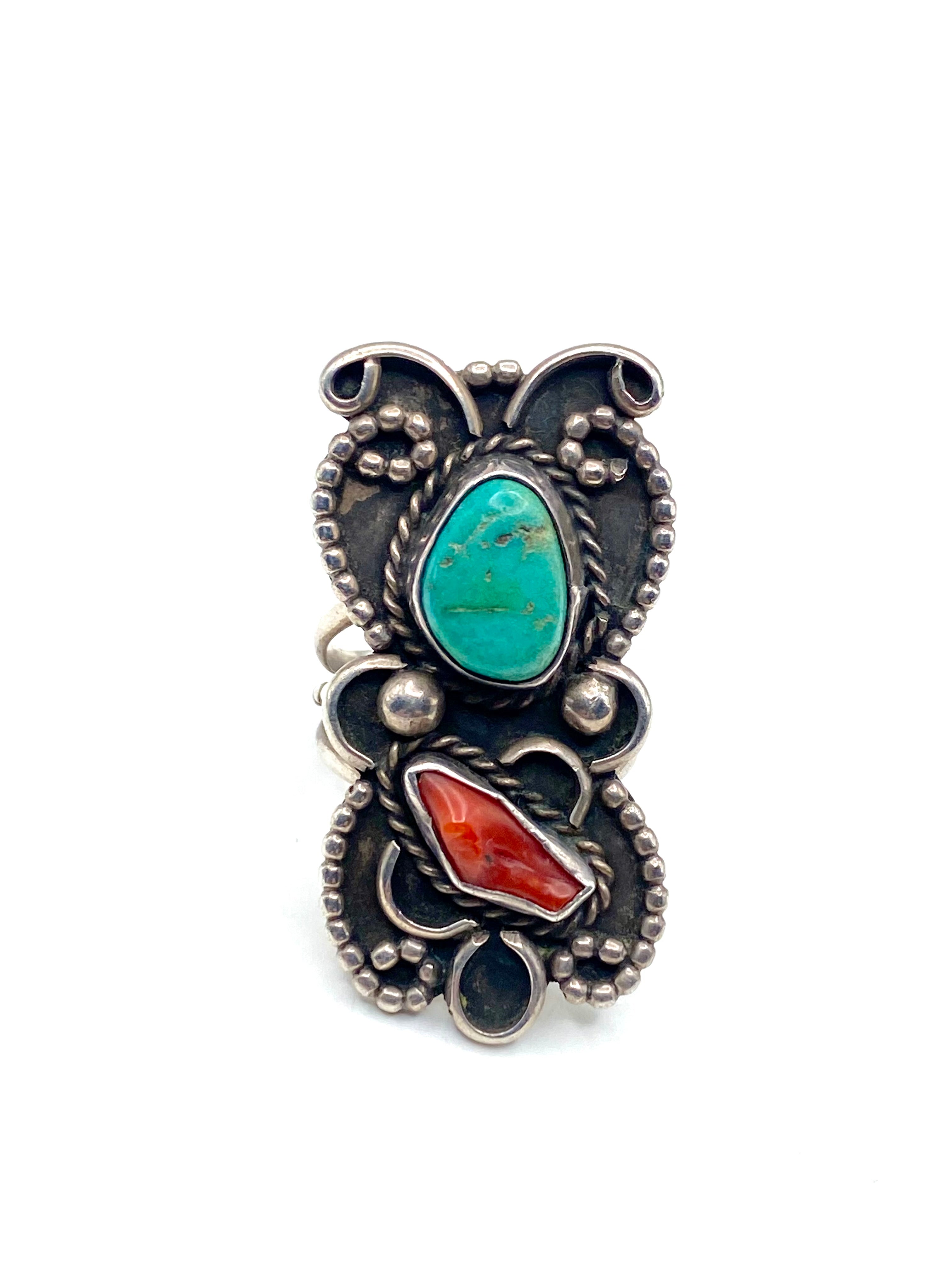 VTG Green Turquoise Coral Ring Silver Size 7.5 Triple Shank Native American