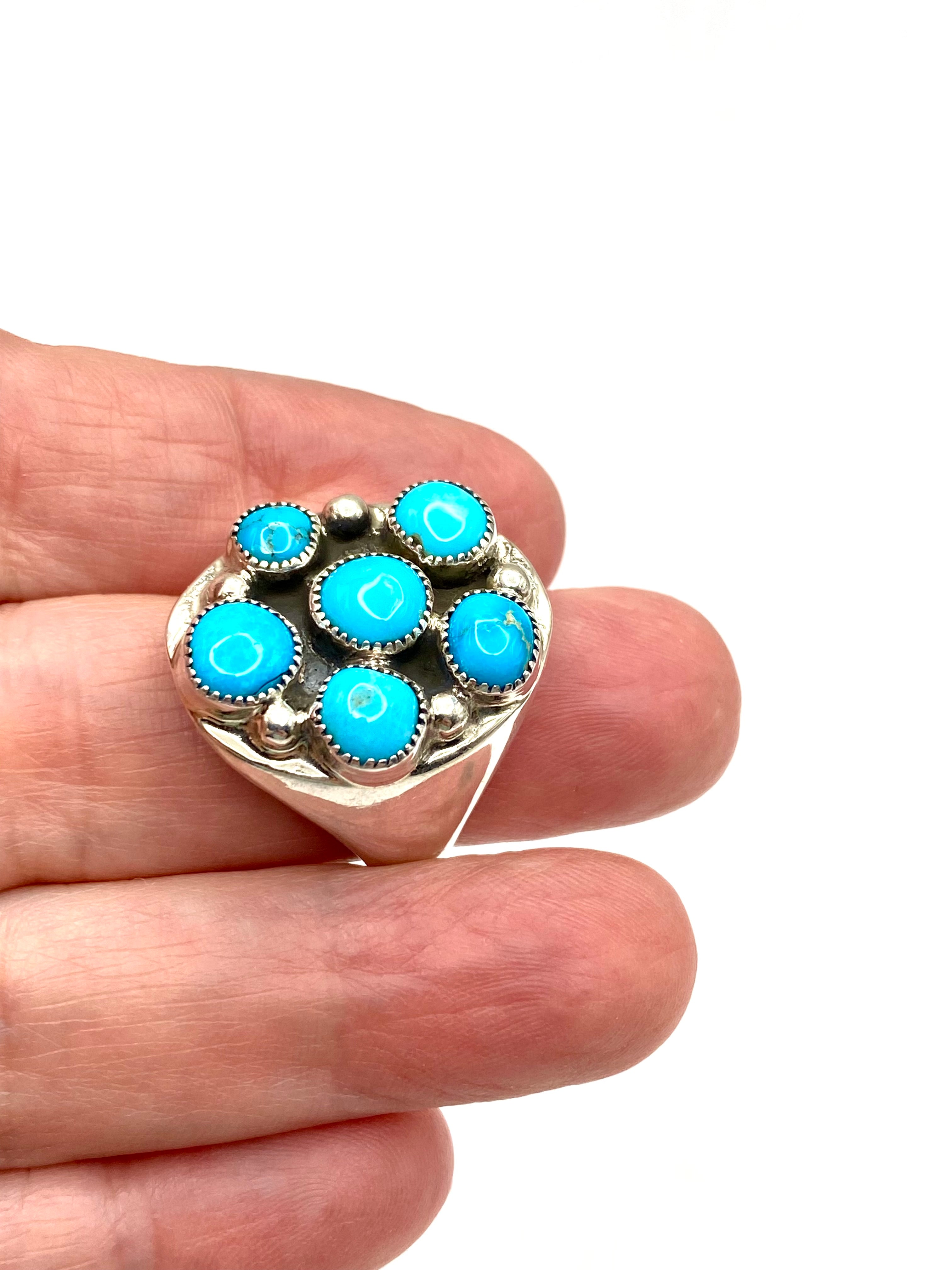 Sterling Heavy Gauge Turquoise Cluster Ring Size 10 Flared Band Native American