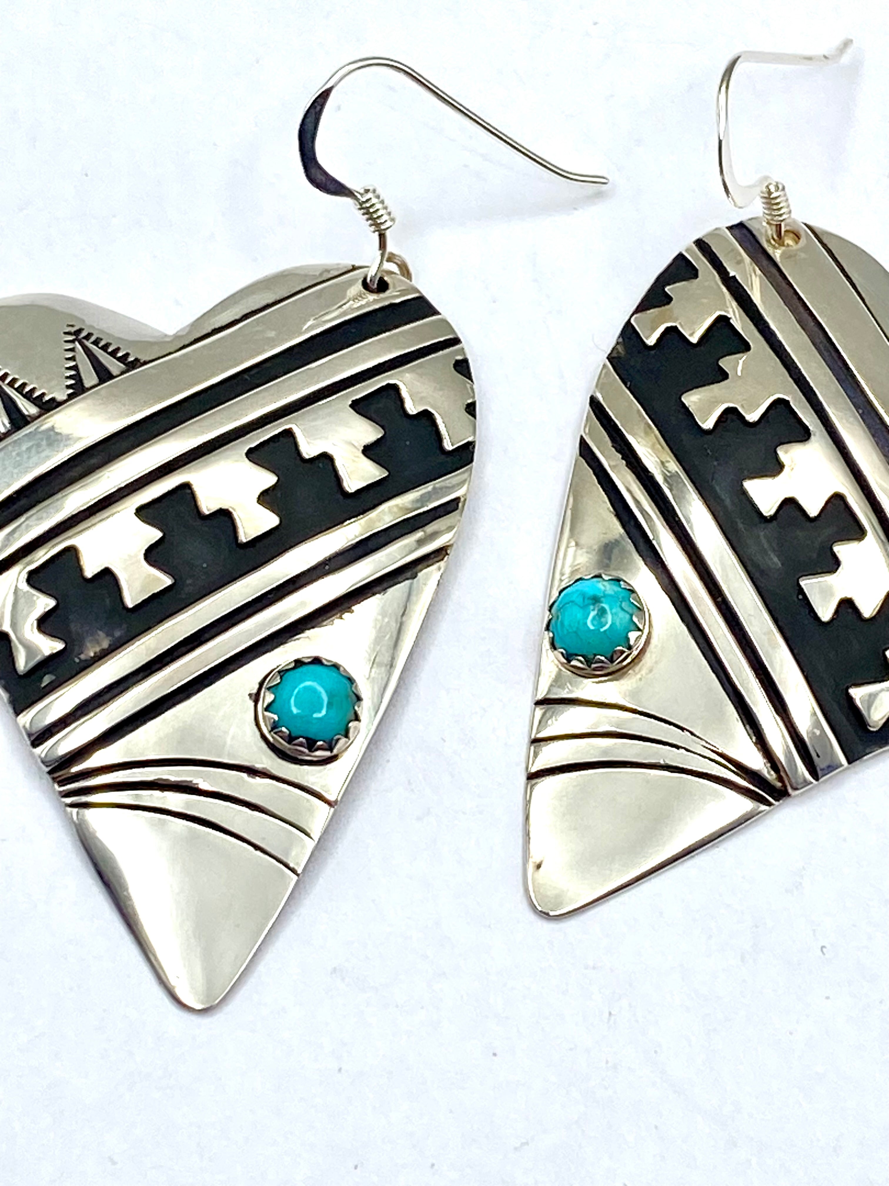 Sterling Overlay Heart Shaped Earrings Snake Eye Turquoise T&R Singer Navajo
