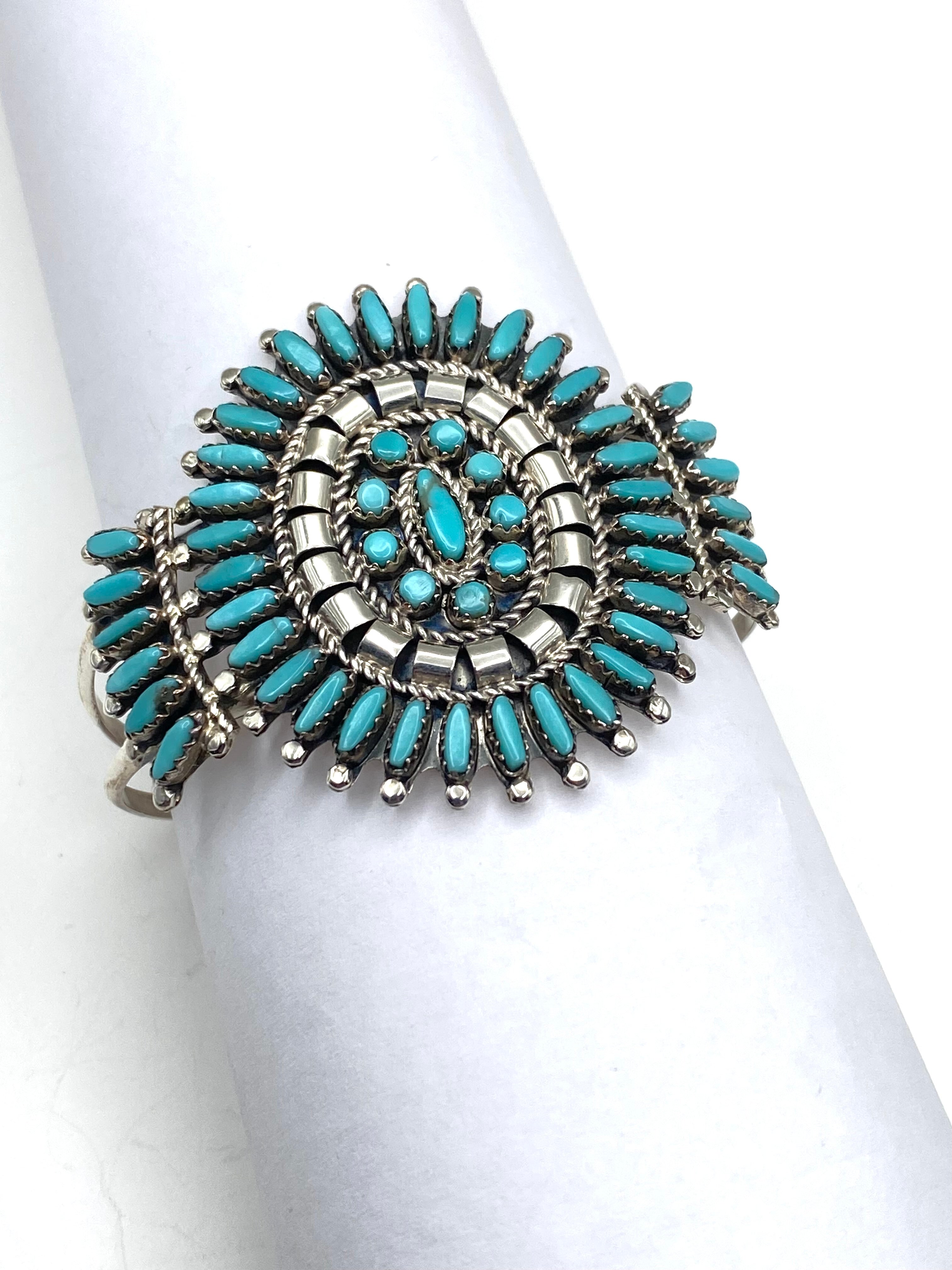 Sterling Silver Needlepoint Turquoise Cluster Bracelet Petite N&R Nez Navajo