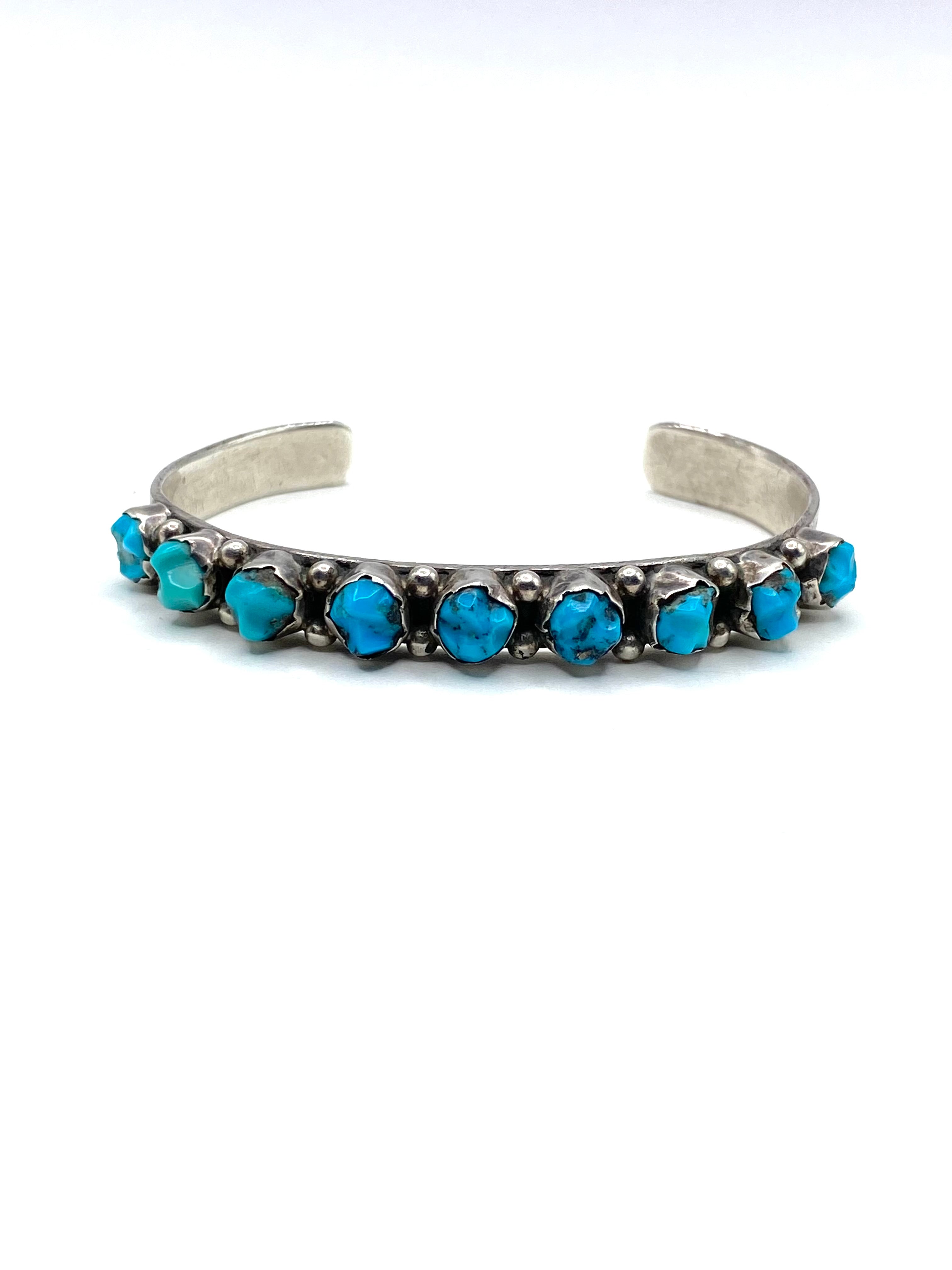Vintage Sterling Narrow Cuff Bracelet Carved Turquoise Native American Signed