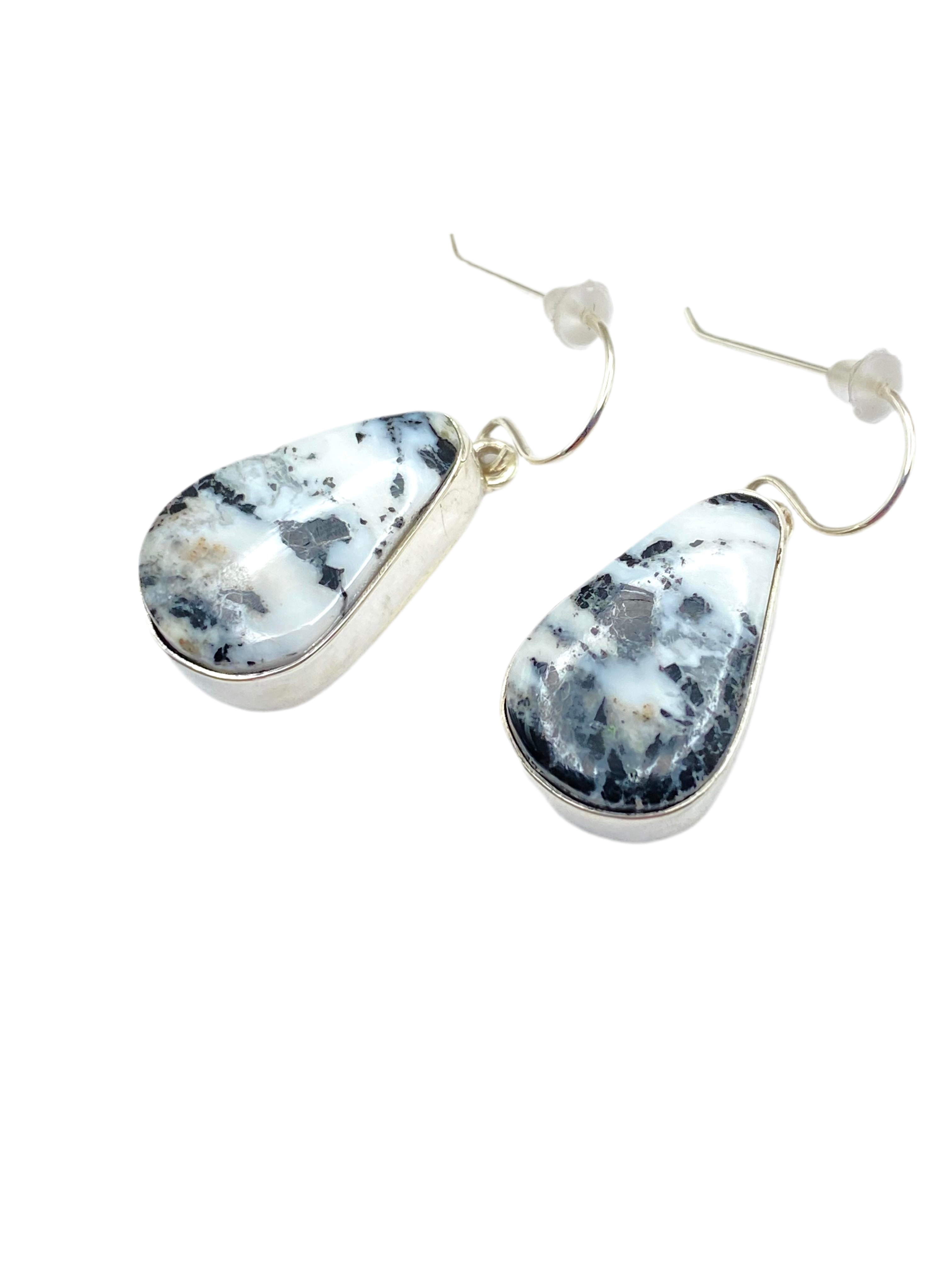 Teardrop White Buffalo Hook Earrings Sterling Dangles Native American Signed