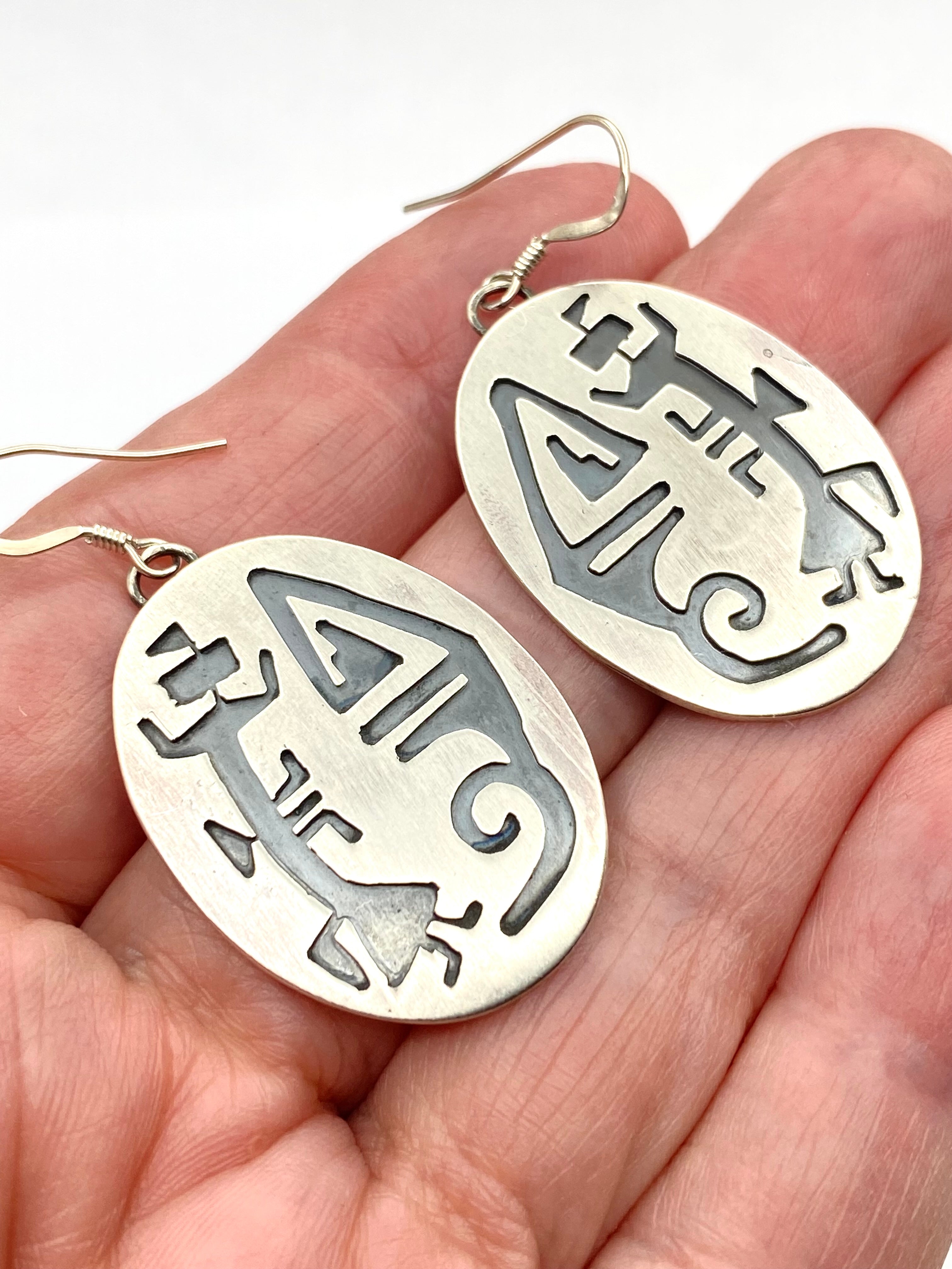 Sterling Silver Overlay Earrings Oval Kachina Figure Native American Handmade
