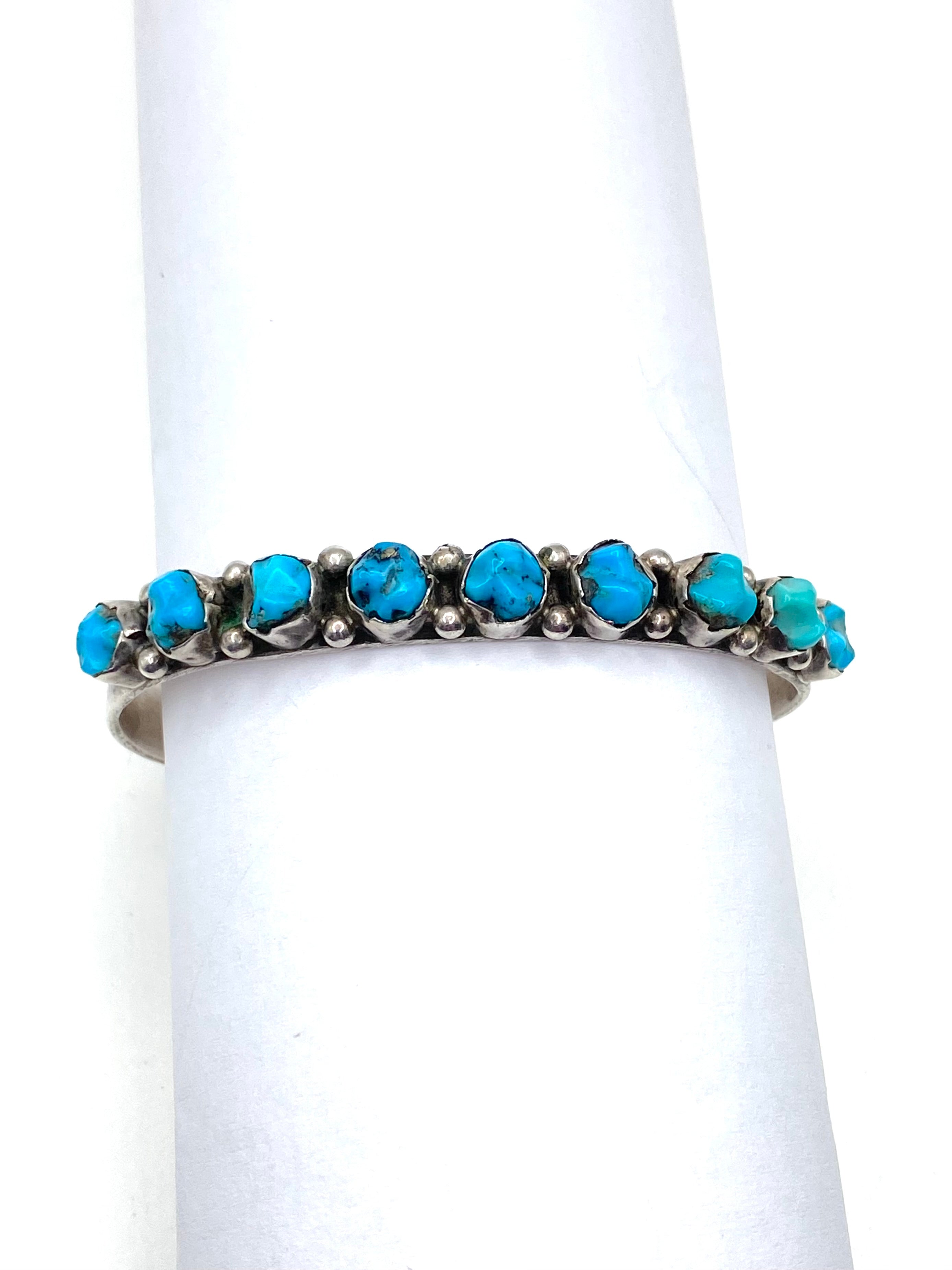 Vintage Sterling Narrow Cuff Bracelet Carved Turquoise Native American Signed