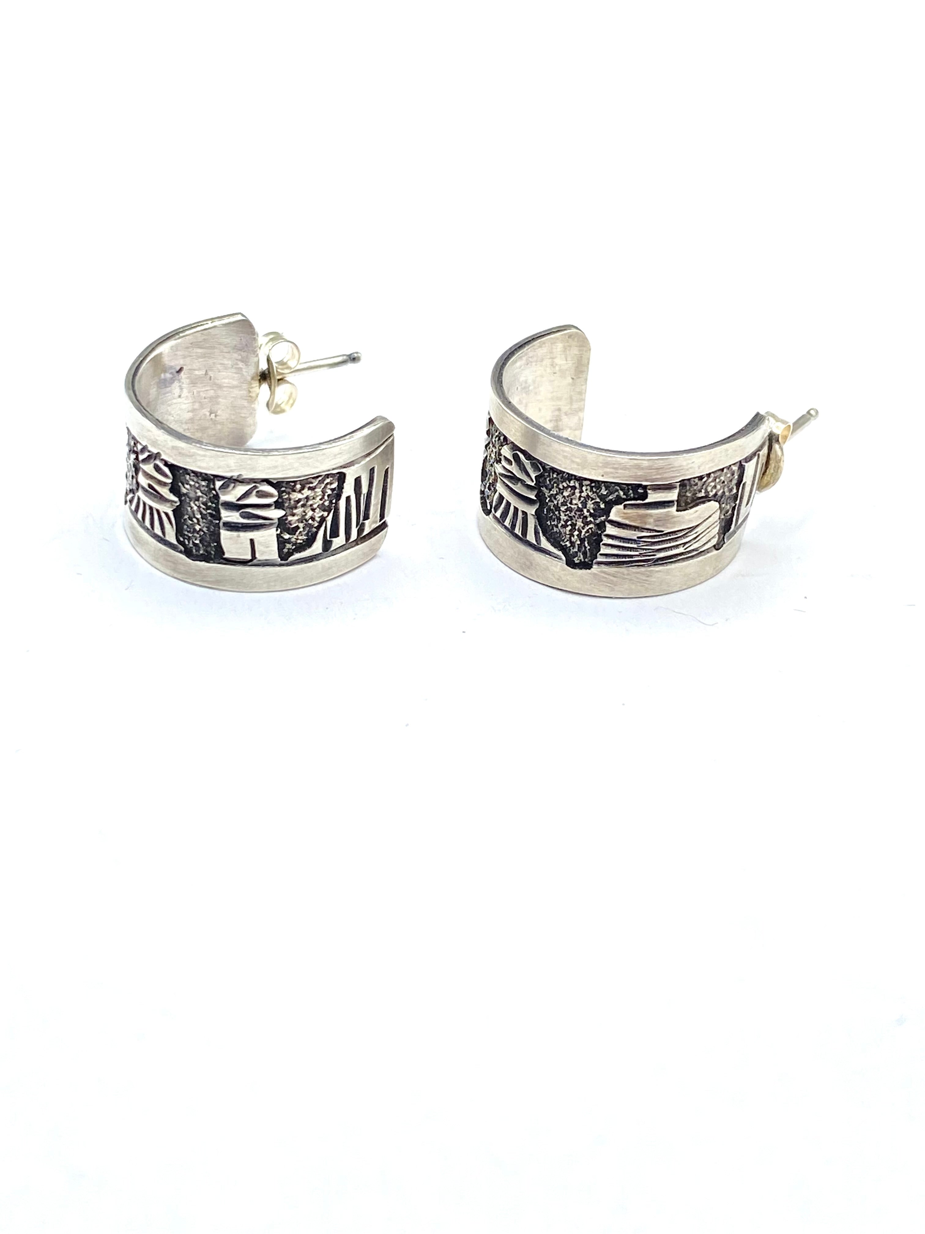 Sterling Silver Wide Hoop Earrings Story Teller Design Native American Signed
