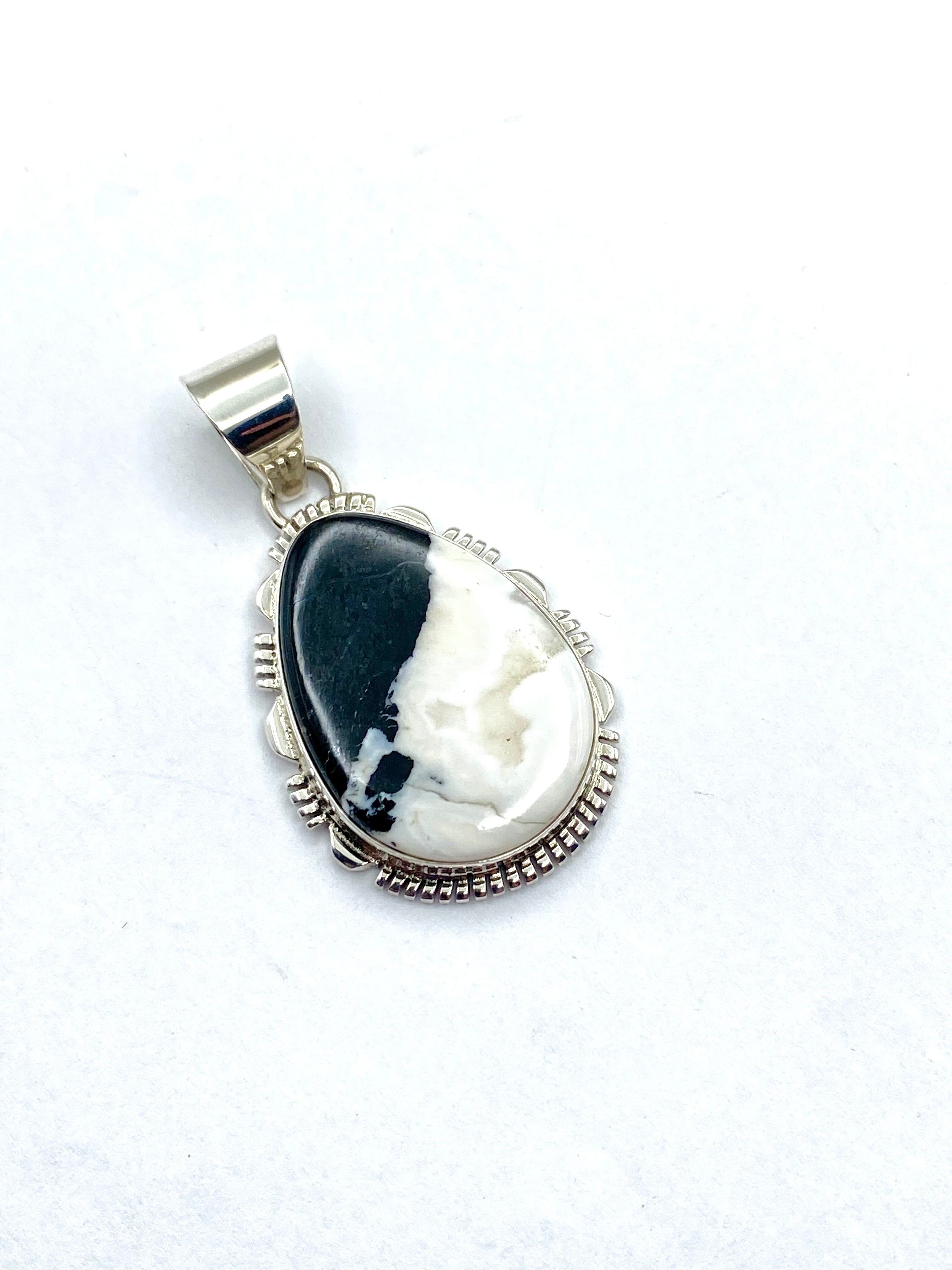Sterling Silver Teardrop Pendant Large White Buffalo Gemstone Navajo L. Yazzie