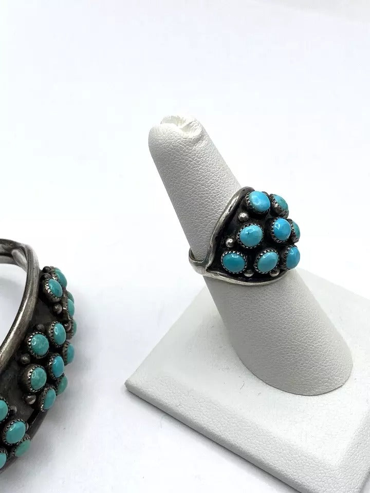 Vintage Zuni Sterling Silver Turquoise Dot Ring Bracelet Set SZ 7 C&L Mahooty