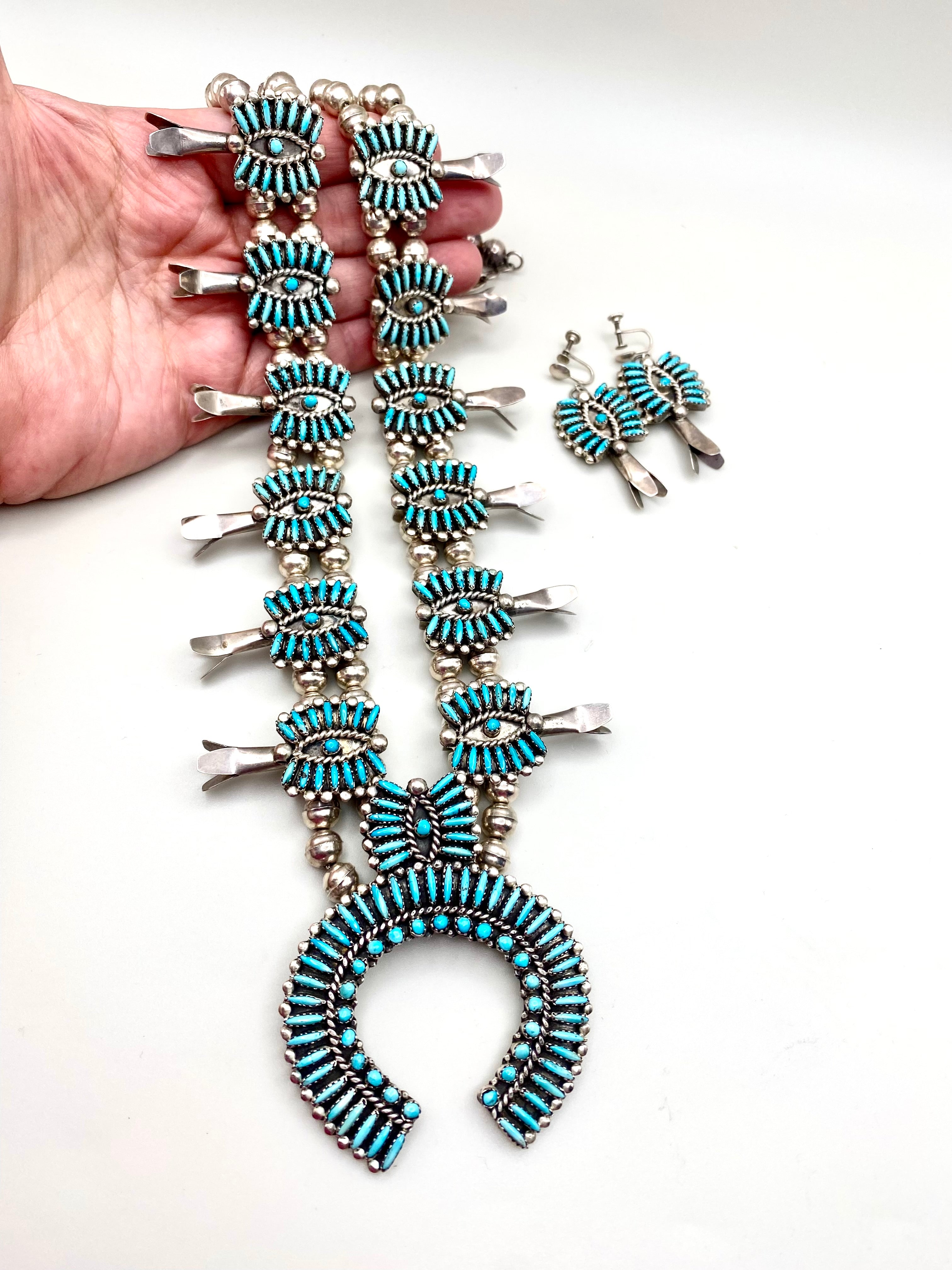 VTG Zuni Needlepoint Turquoise Squash Blossom Necklace Earring Set c. 1960s