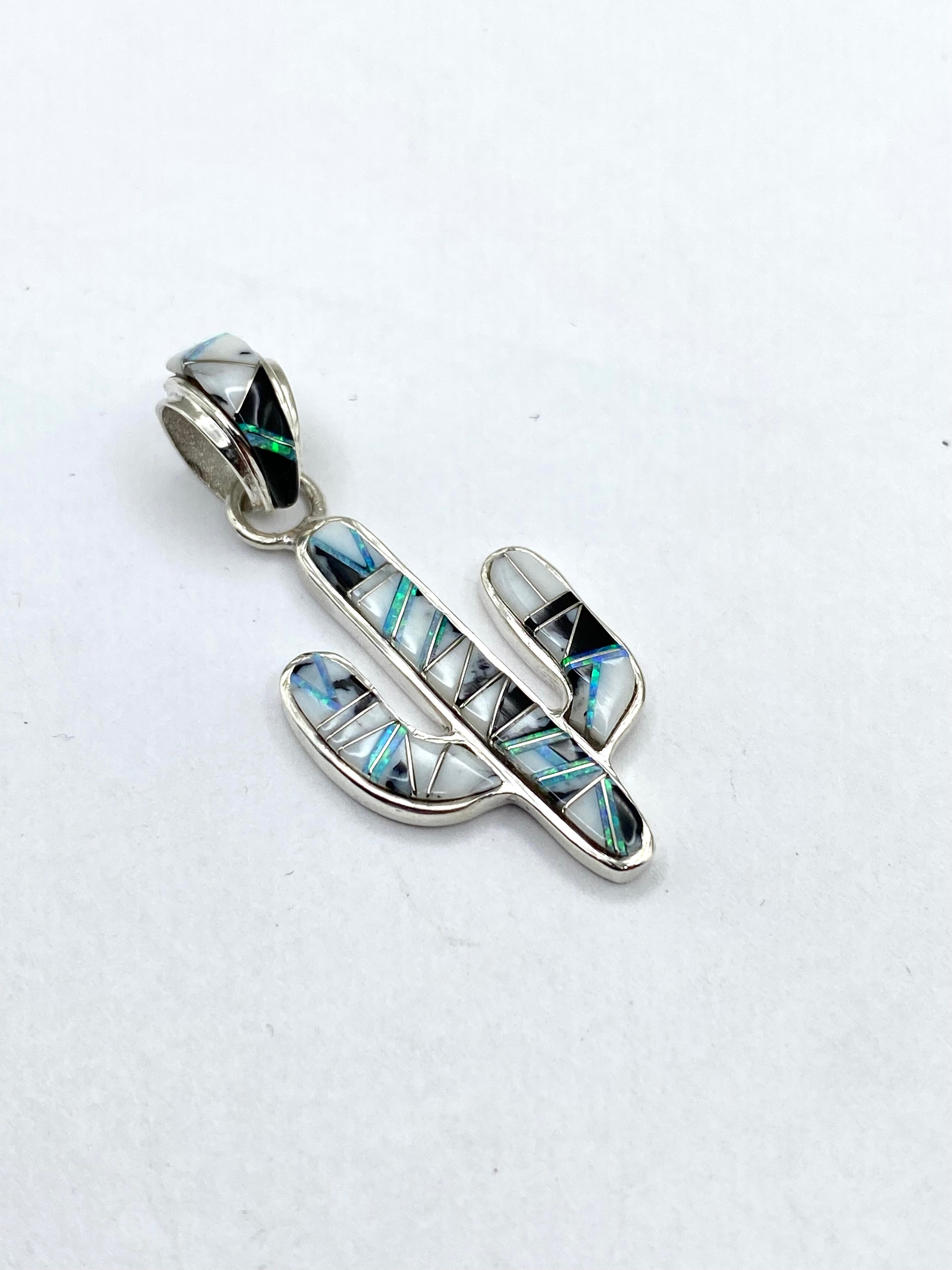 Petite Saguaro Pendant Sterling White Buffalo Opal Inlay Native American Signed
