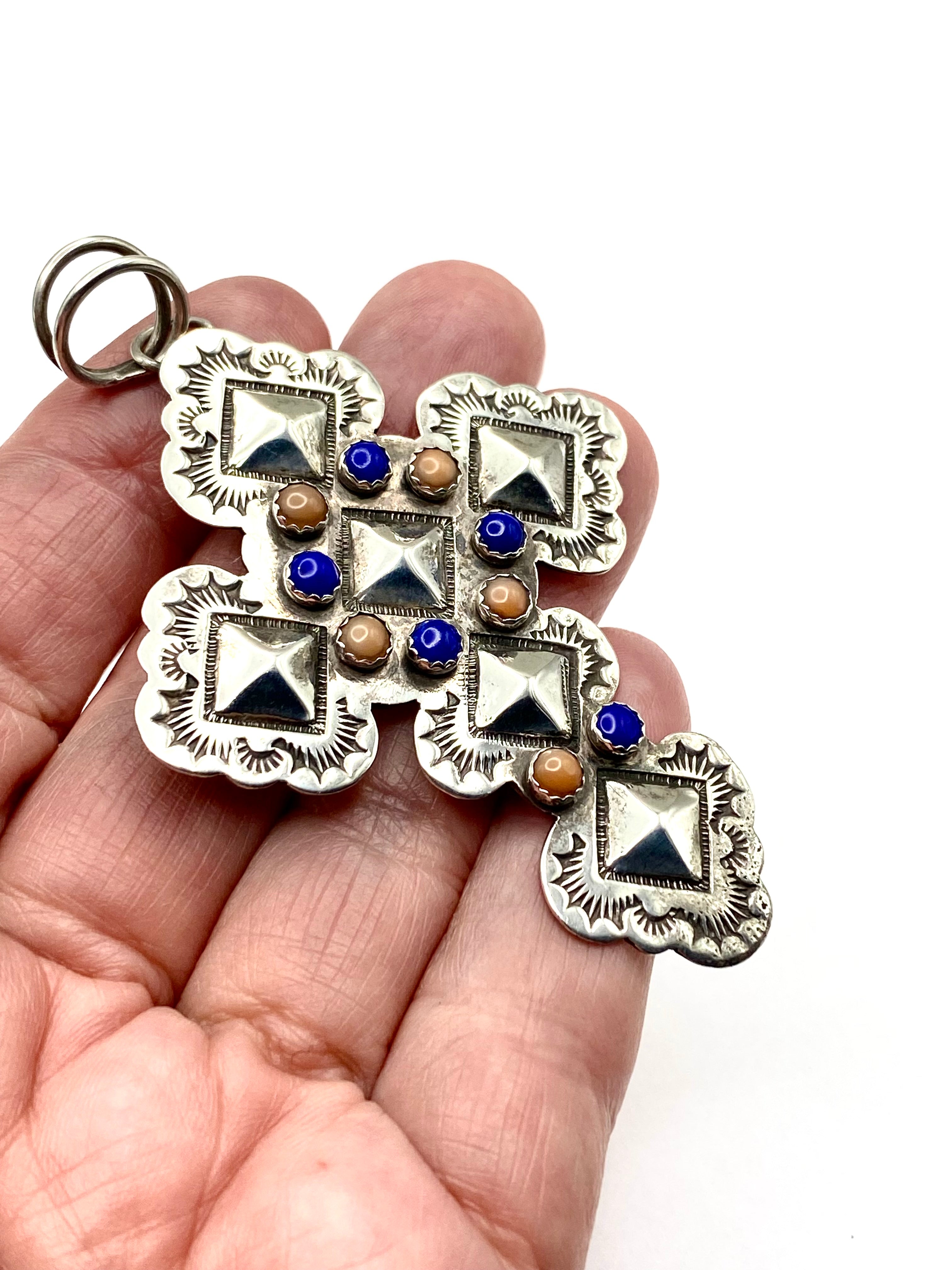 Scalloped Sterling Cross Pendant Lapis Pink Conch John Nelson Navajo