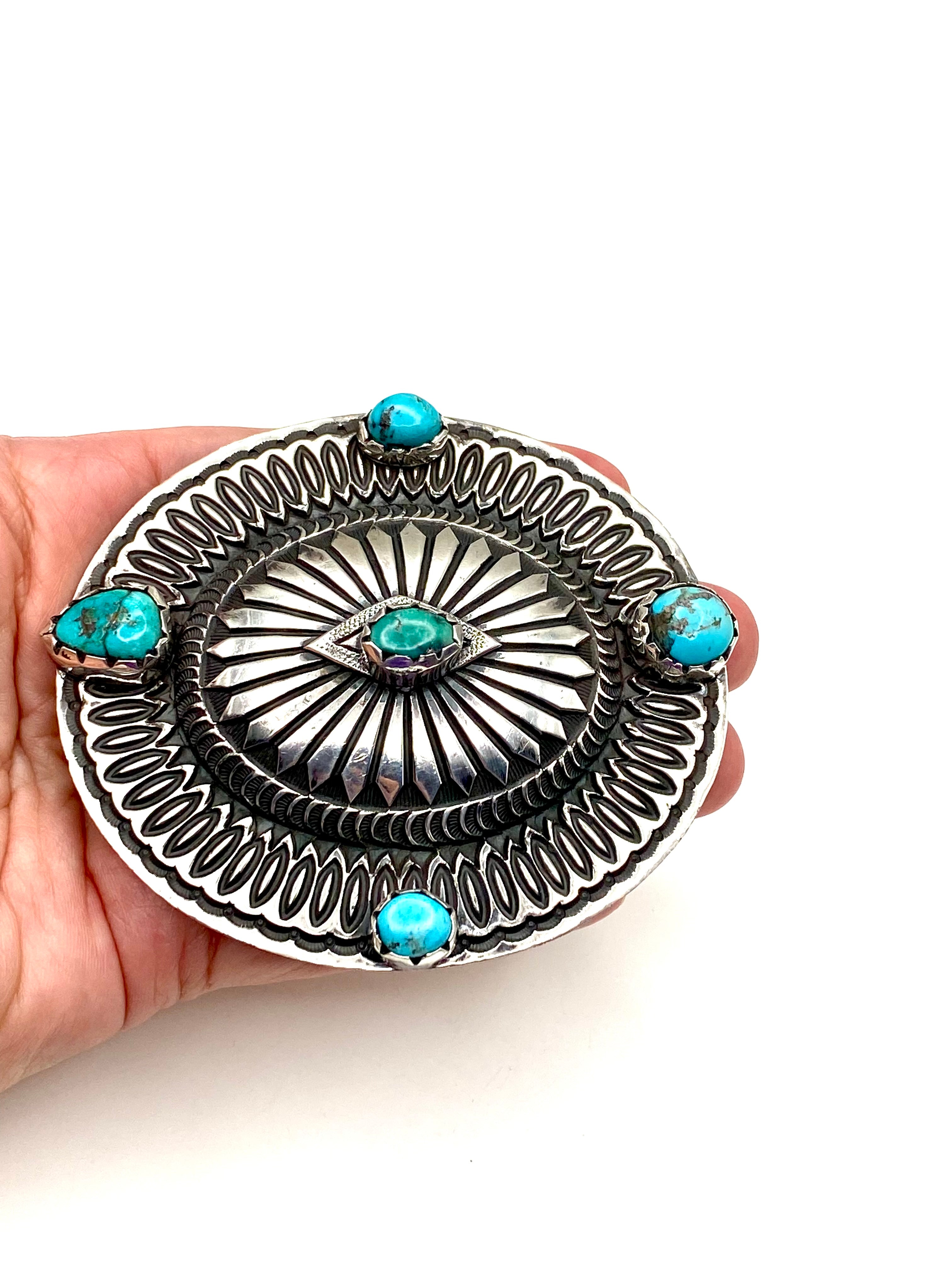 Heavy Gage Sterling Silver Oval Belt Buckle Turquoise Rick Martinez Navajo