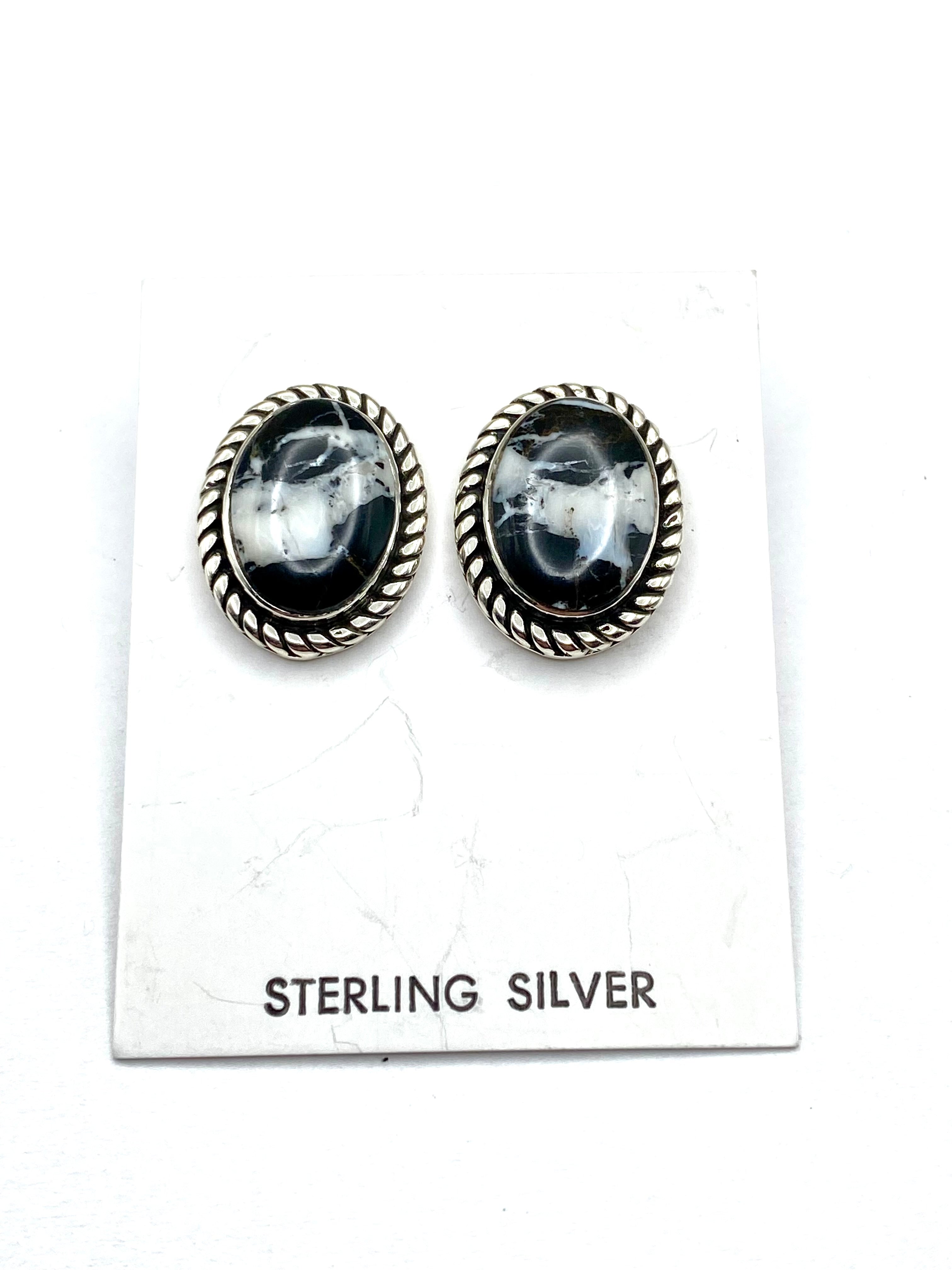 Sterling Silver White Buffalo Earrings  Oval Posts Native American Signed