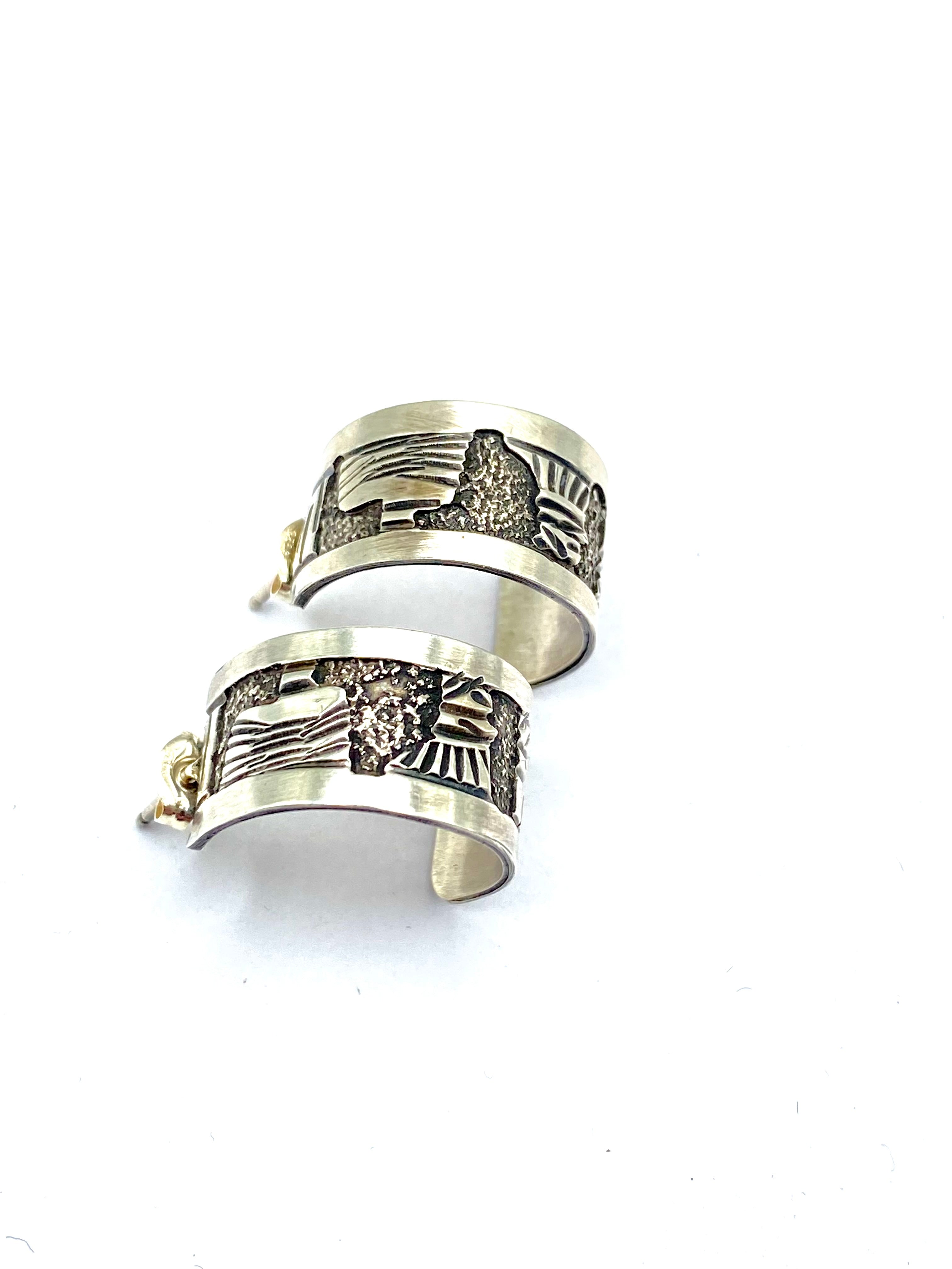 Sterling Silver Wide Hoop Earrings Story Teller Design Native American Signed