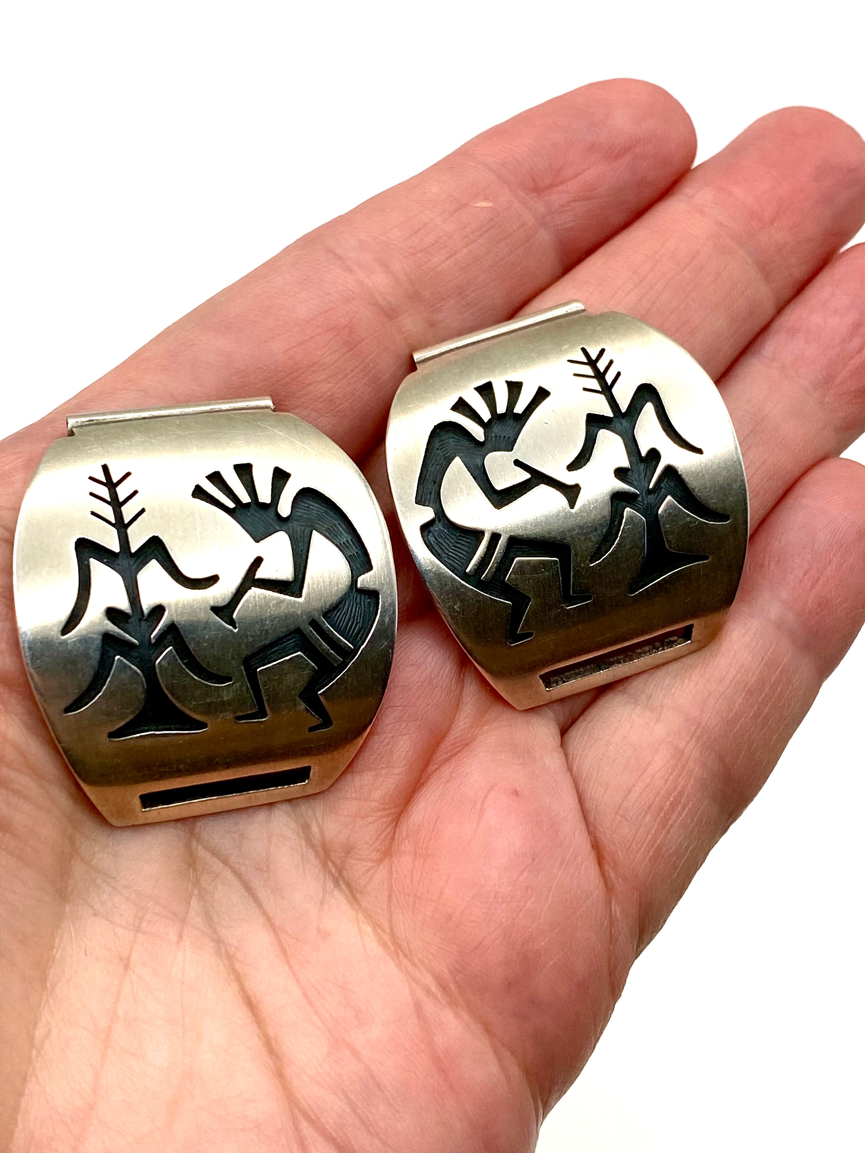 VTG Sterling Silver Overlay Watch Tips Heavy Gage Kokopelli Hopi Guild Artist