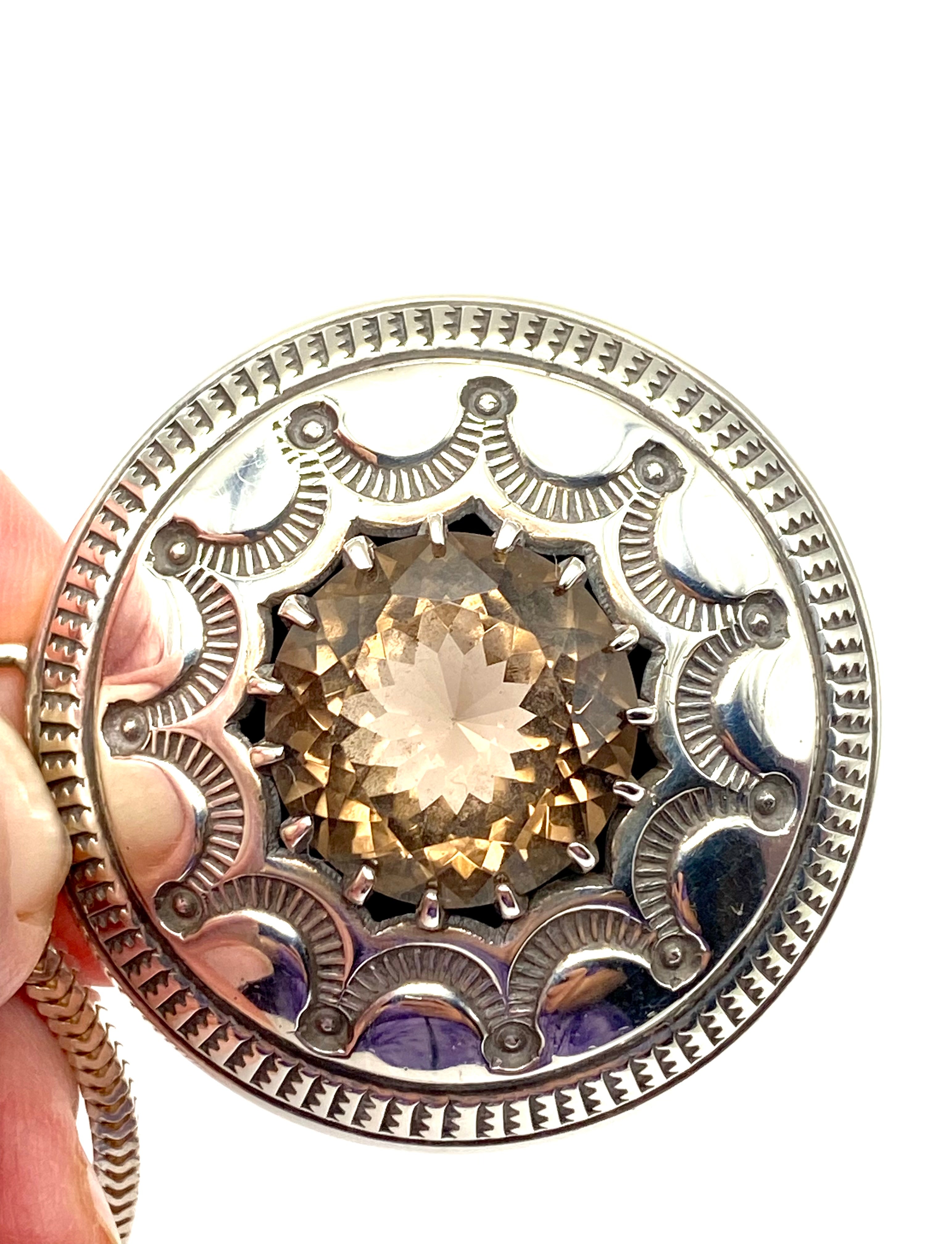 VTG Sterling Stamped Round Pendant Smoky Topaz Native American Signed