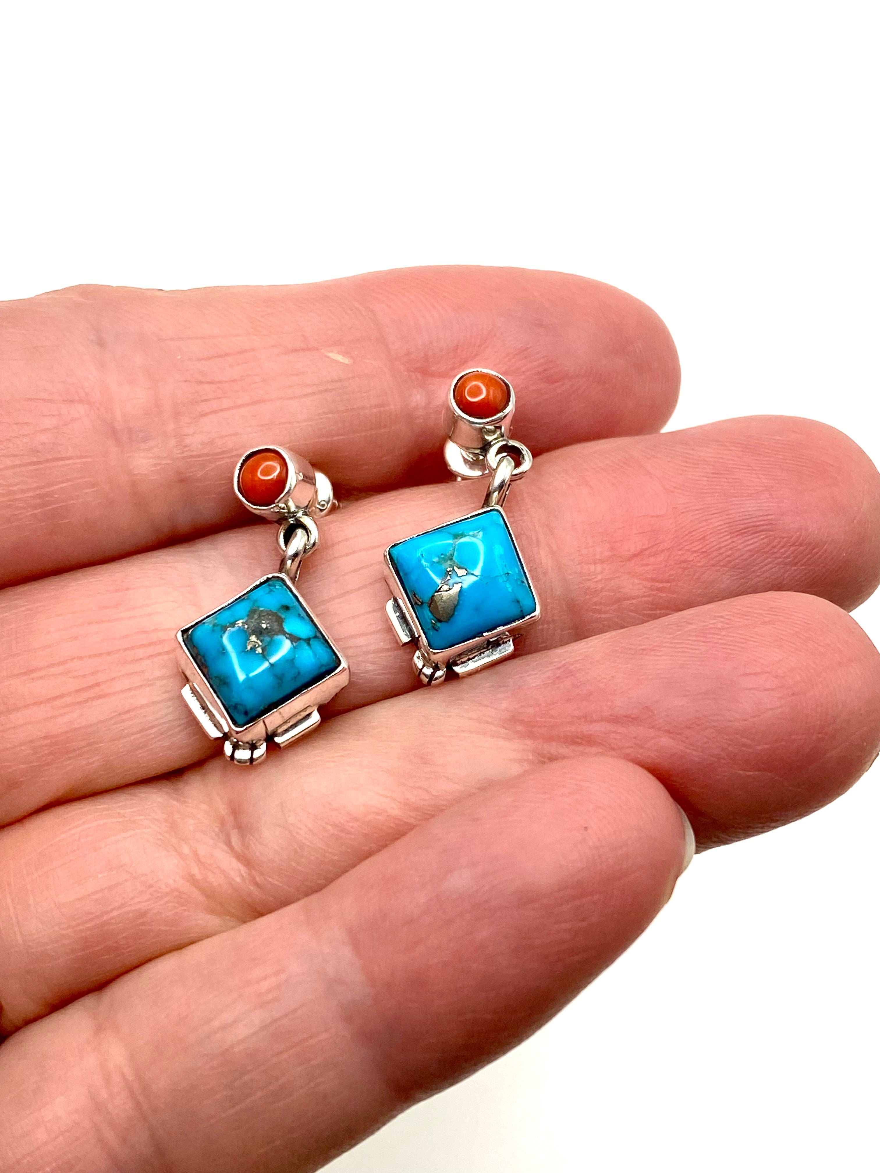 Petite Sterling Turquoise Dangle Earrings Coral Navajo V. Betone Native American