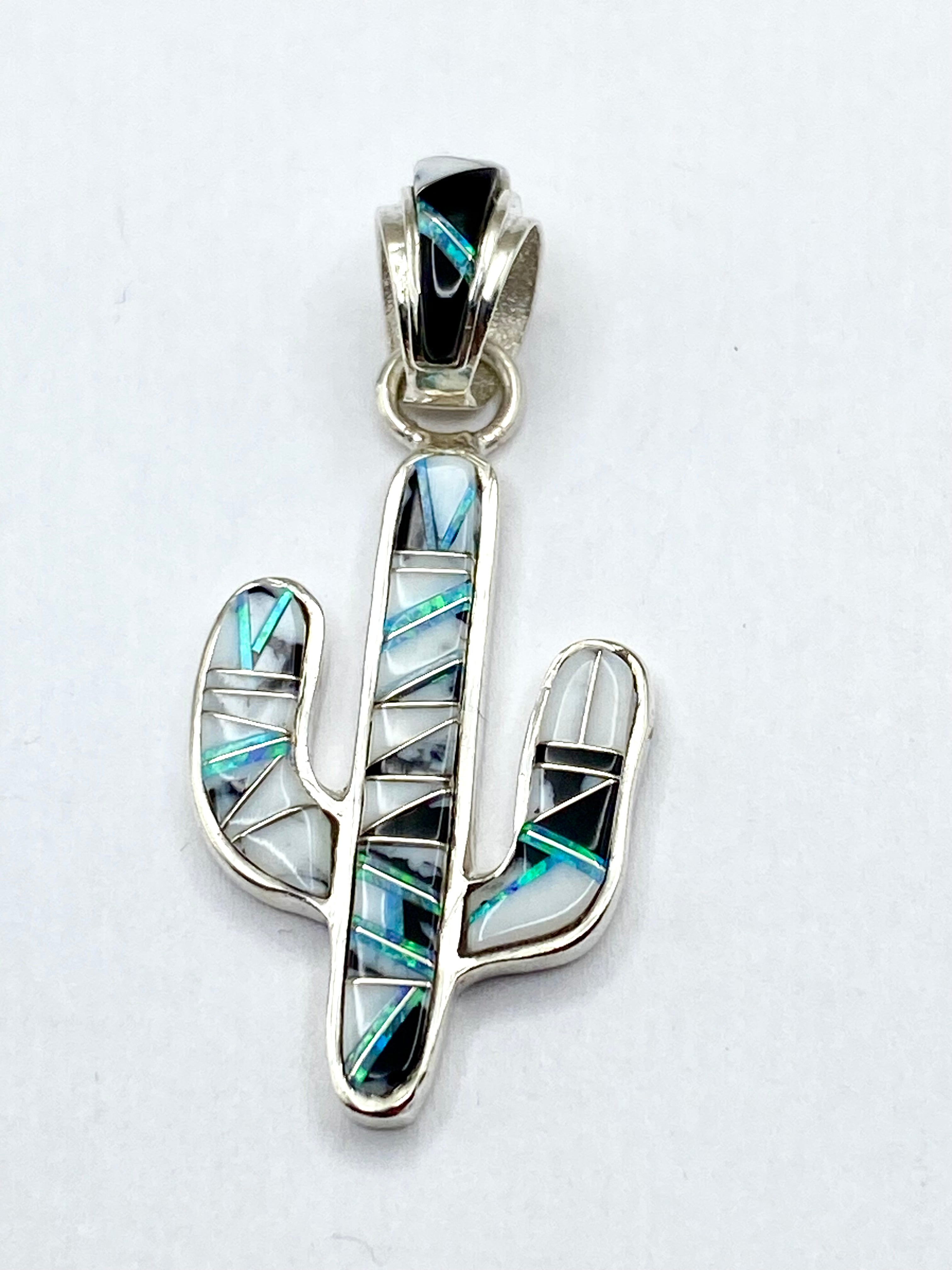Petite Saguaro Pendant Sterling White Buffalo Opal Inlay Native American Signed