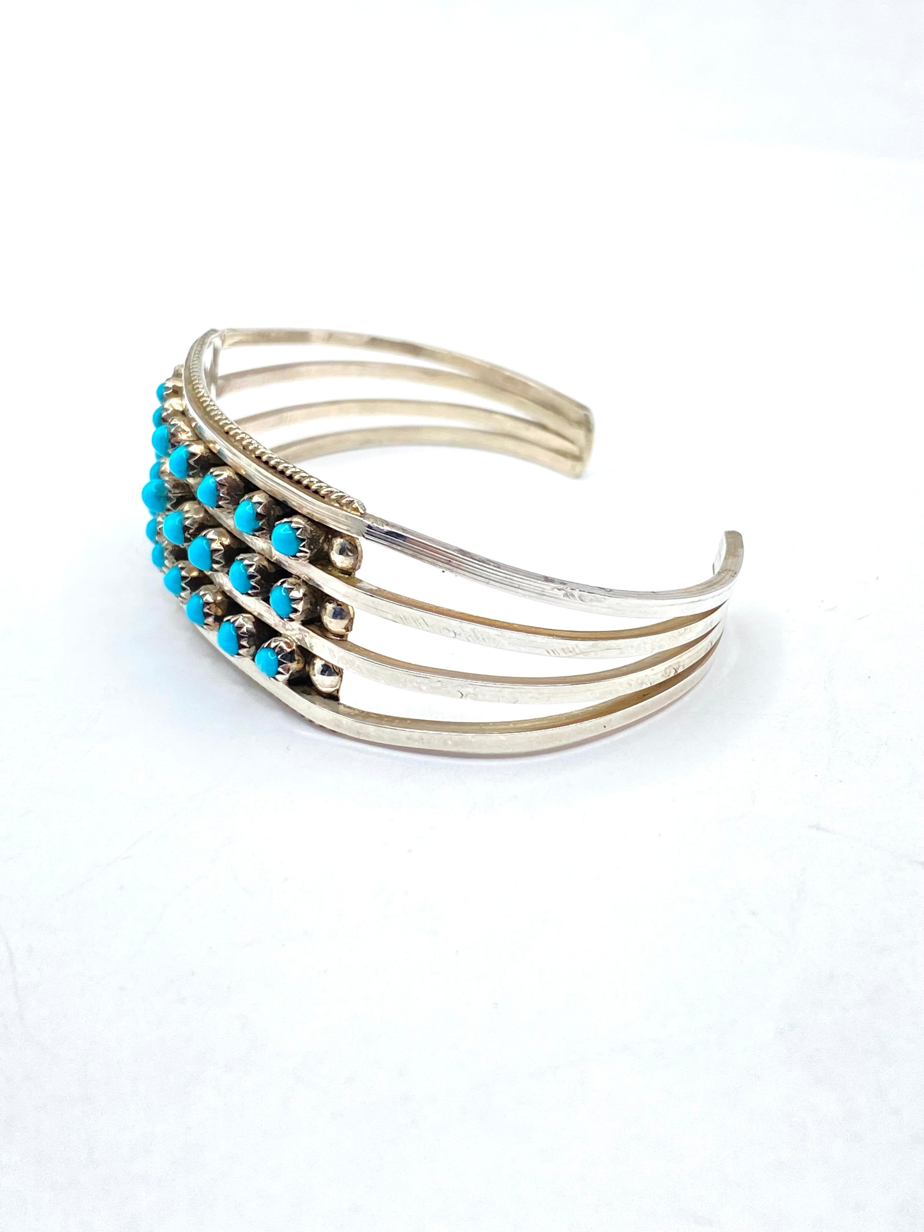 Sterling 4-Rail Bracelet Petite Turquoise 3-Row Zuni Native American Signed