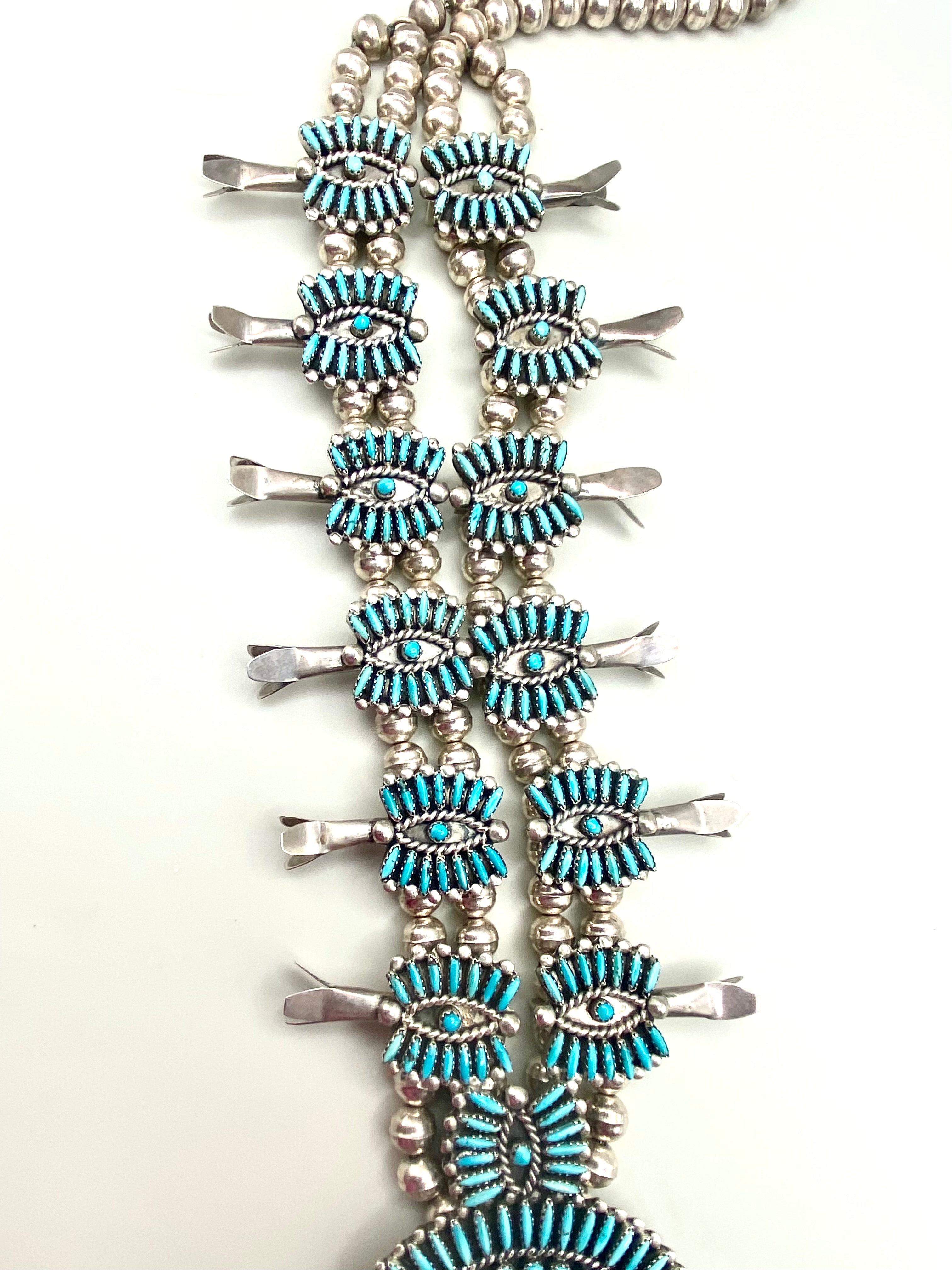 VTG Zuni Needlepoint Turquoise Squash Blossom Necklace Earring Set c. 1960s