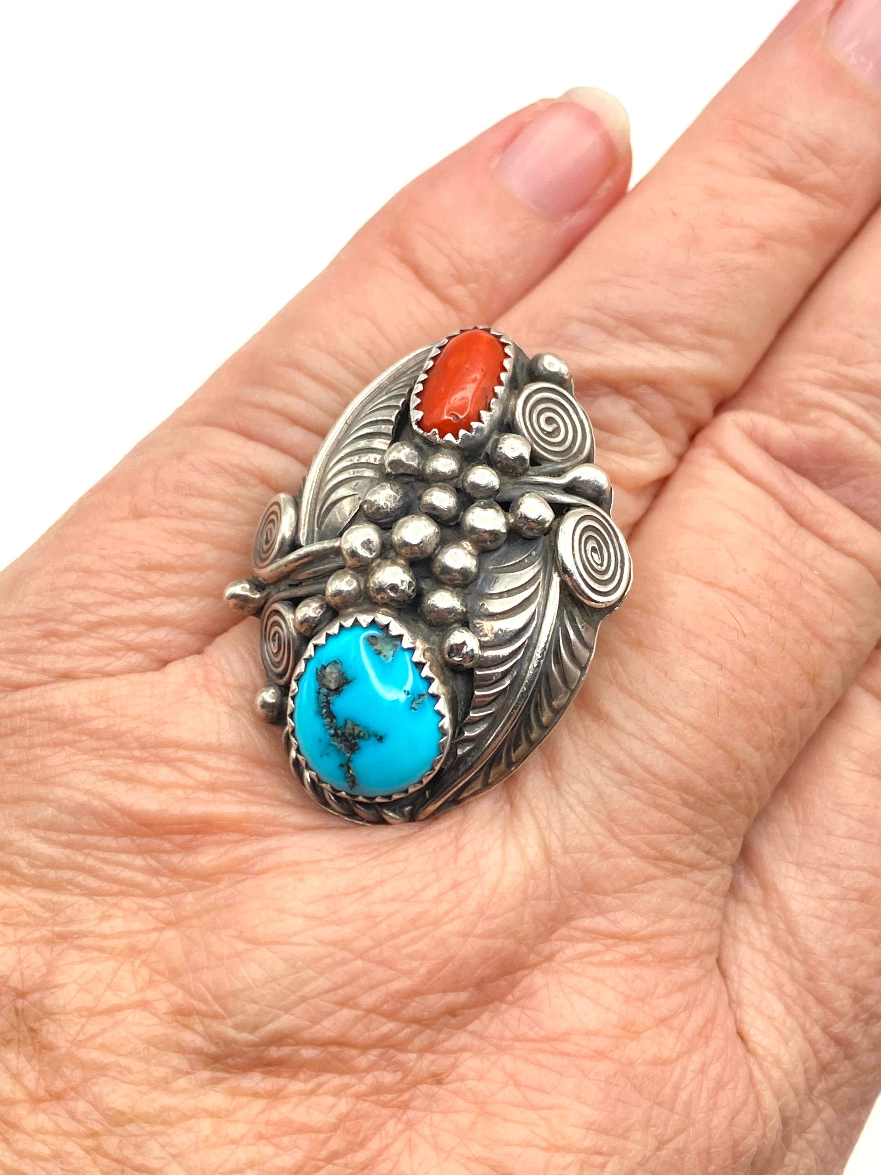 VTG Sterling Domed Hollow Ring Turquoise Coral Size 9.75 Native American Signed