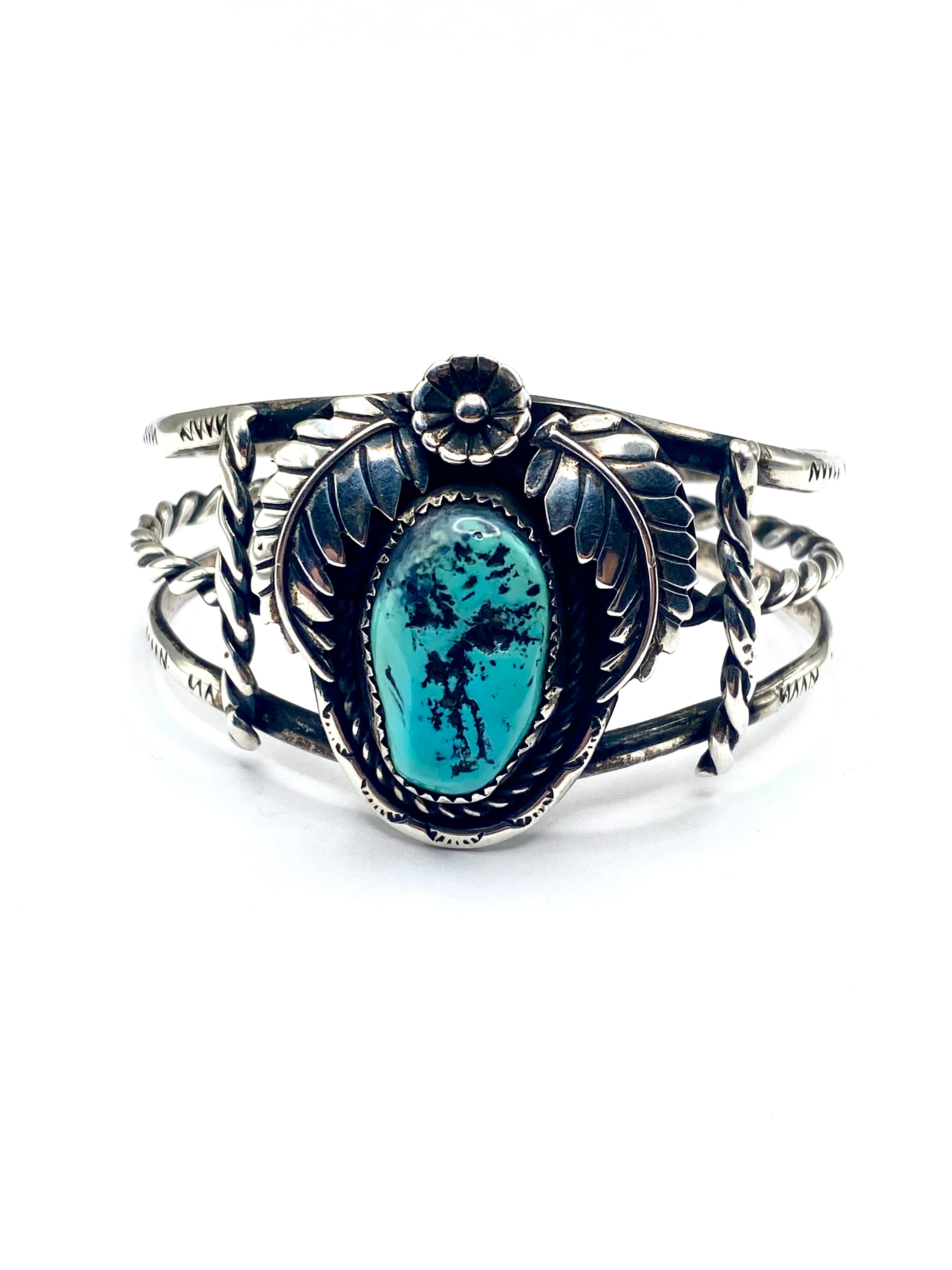 VTG Sterling Turquoise Bracelet 3-Rail Leaf Flower Applique Native American