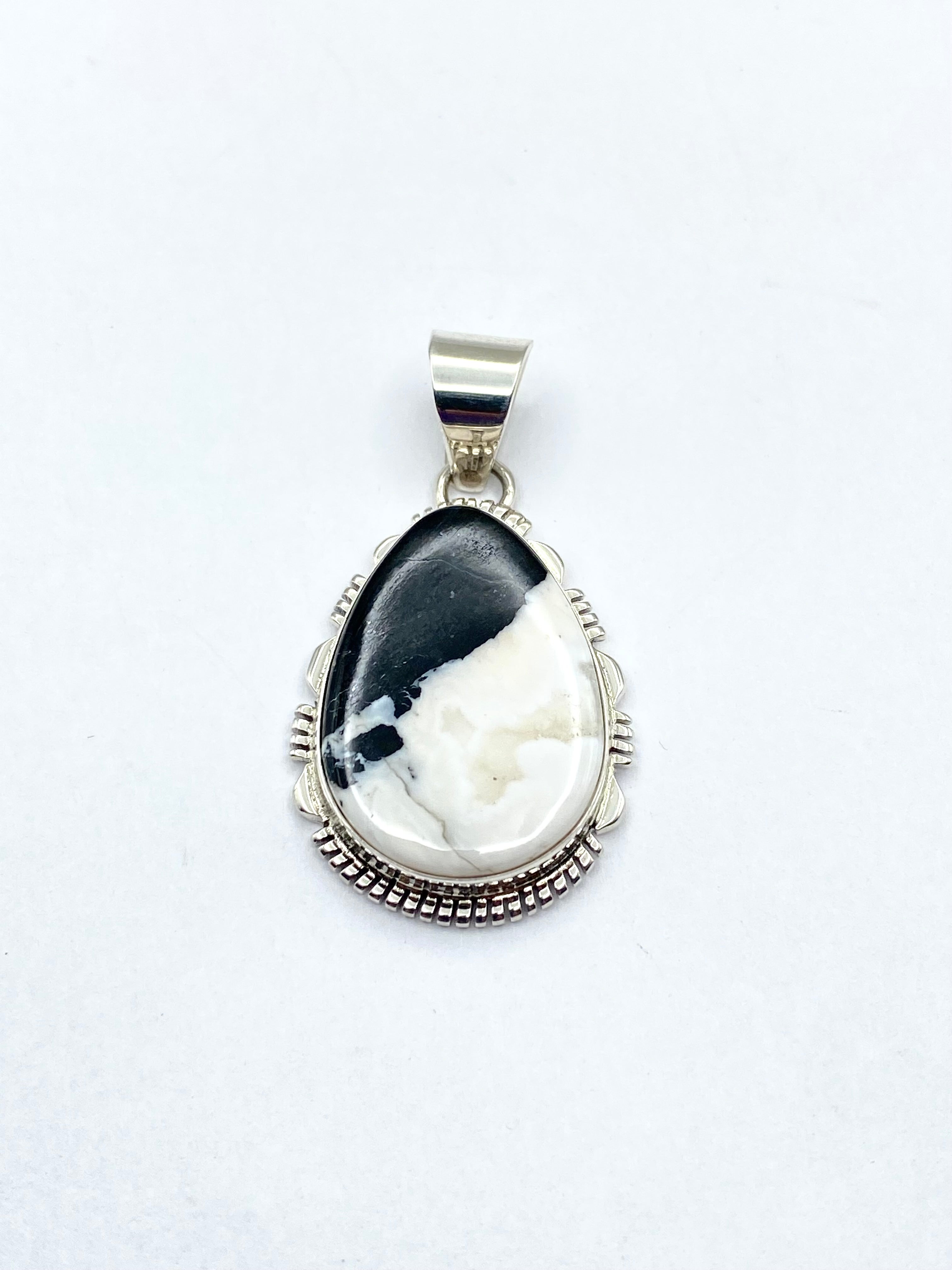 Sterling Silver Teardrop Pendant Large White Buffalo Gemstone Navajo L. Yazzie