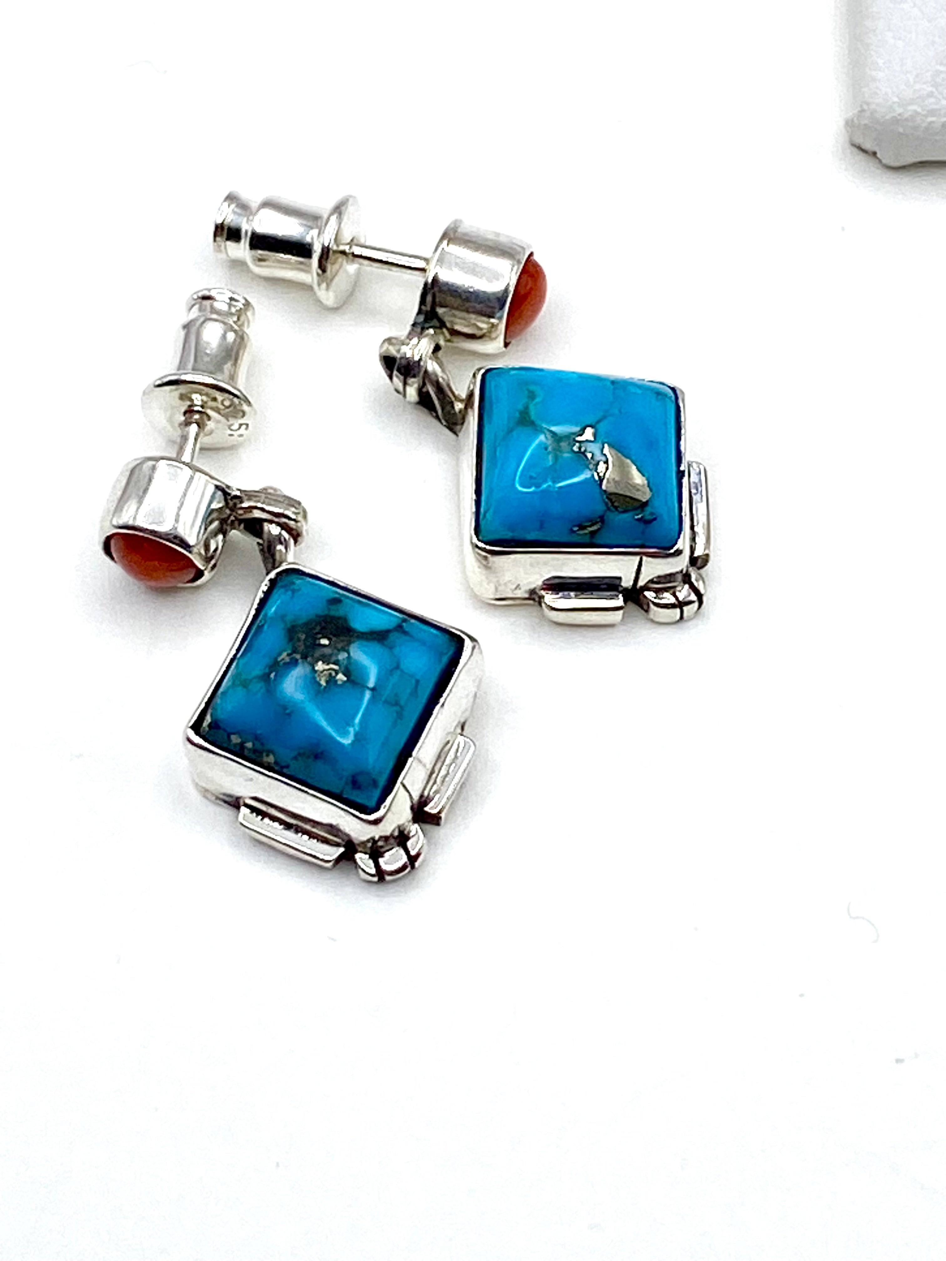 Petite Sterling Turquoise Dangle Earrings Coral Navajo V. Betone Native American