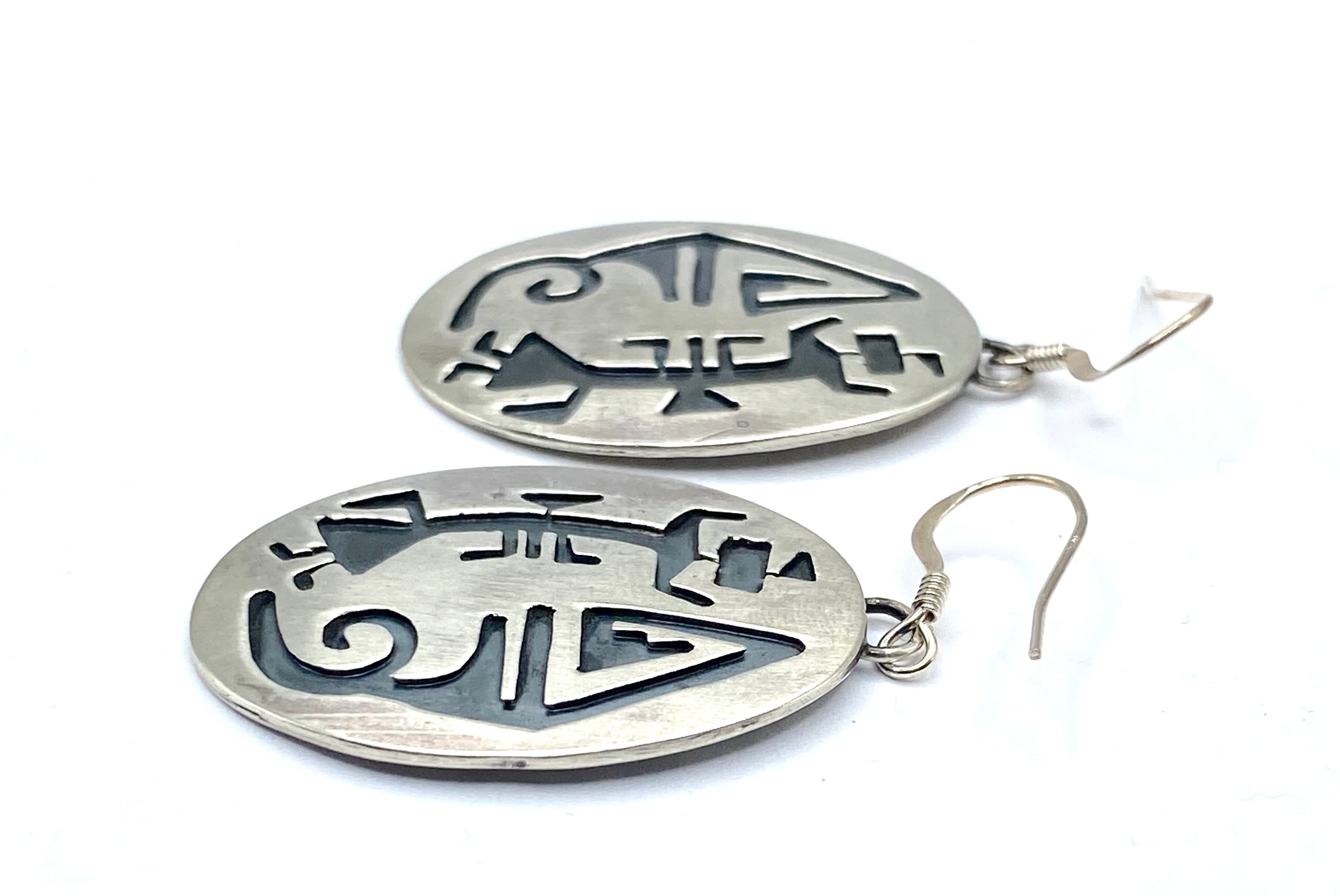 Sterling Silver Overlay Earrings Oval Kachina Figure Native American Handmade