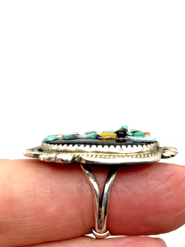 VTG Zuni Sterling Kachina Ring Raised Inlay SZ 8 Turquoise Jet MOP Signed Pinto