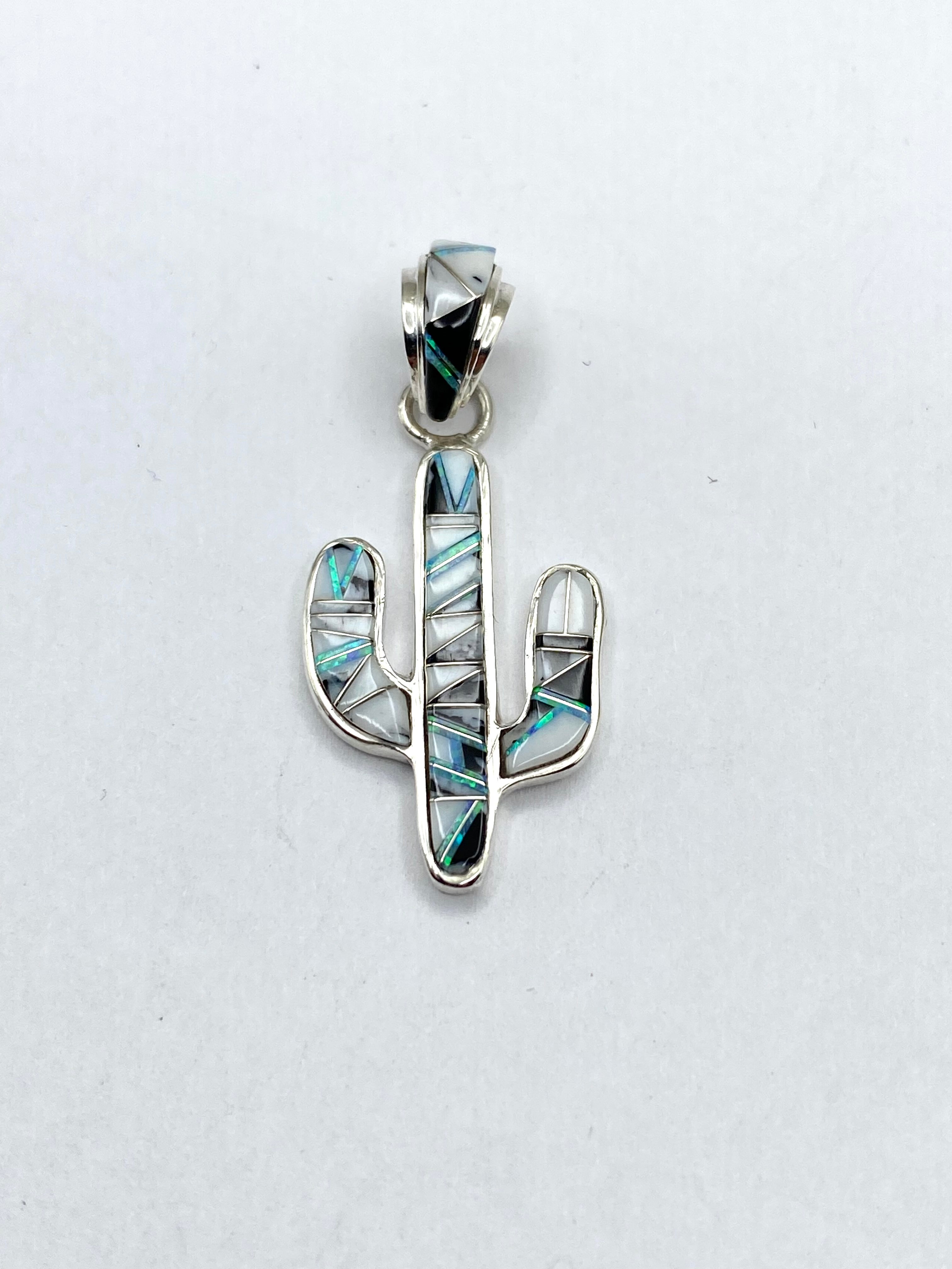 Petite Saguaro Pendant Sterling White Buffalo Opal Inlay Native American Signed