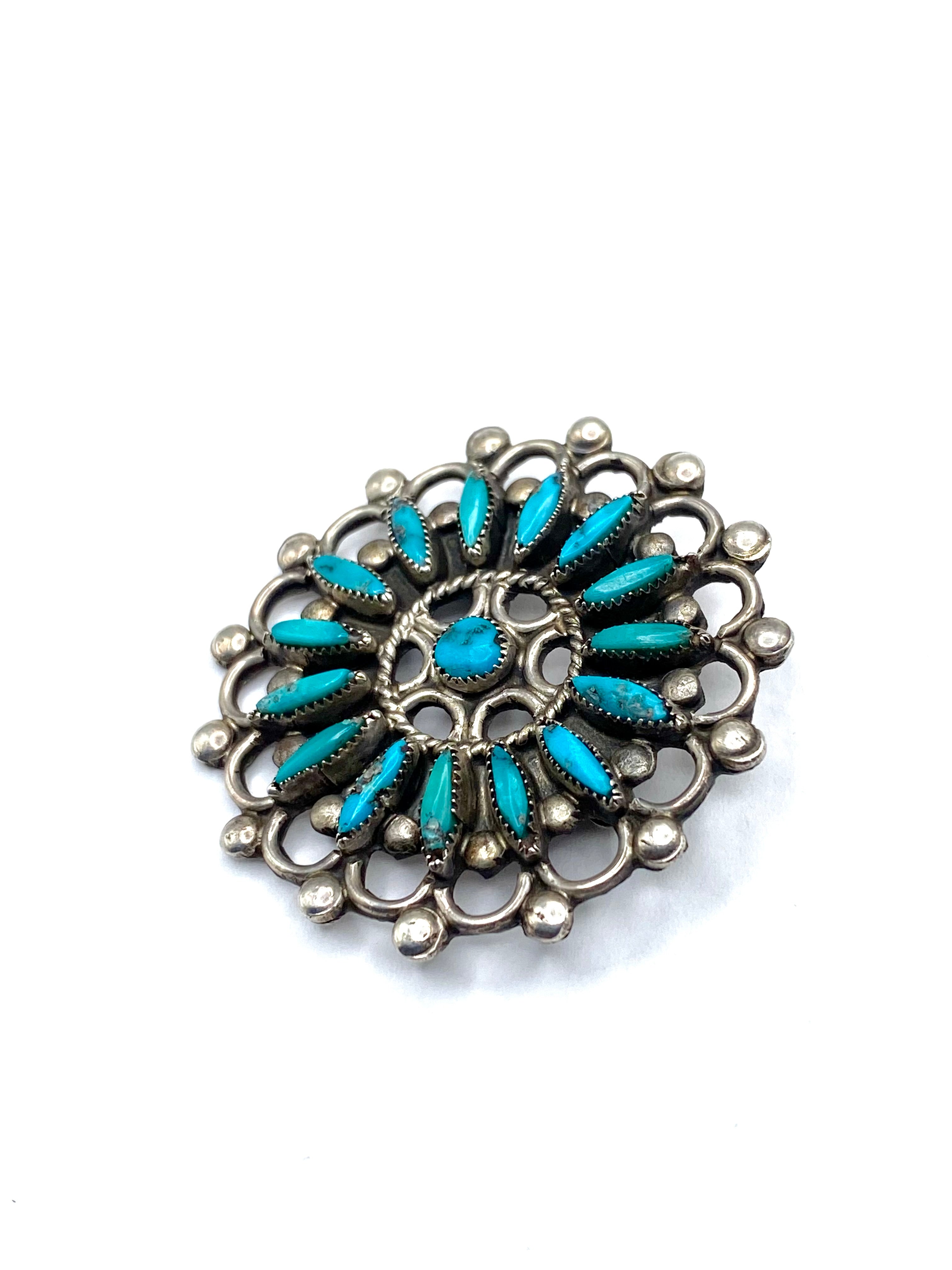 VTG Zuni Needlepoint Turquoise Silver Pin Brooch Native American ca. 1960s