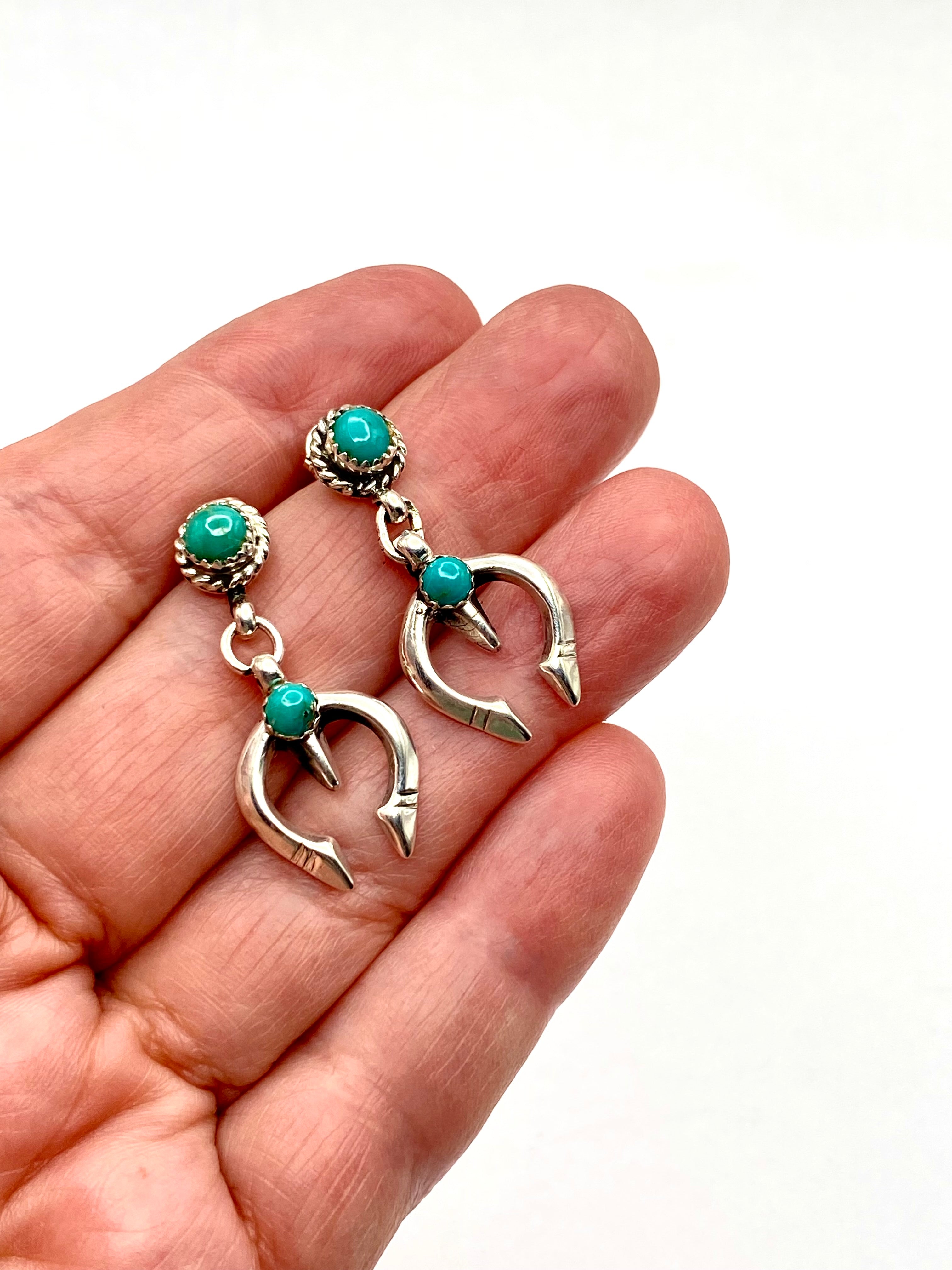 Petite Sterling Naja Dangle Earrings Green Turquoise Native American