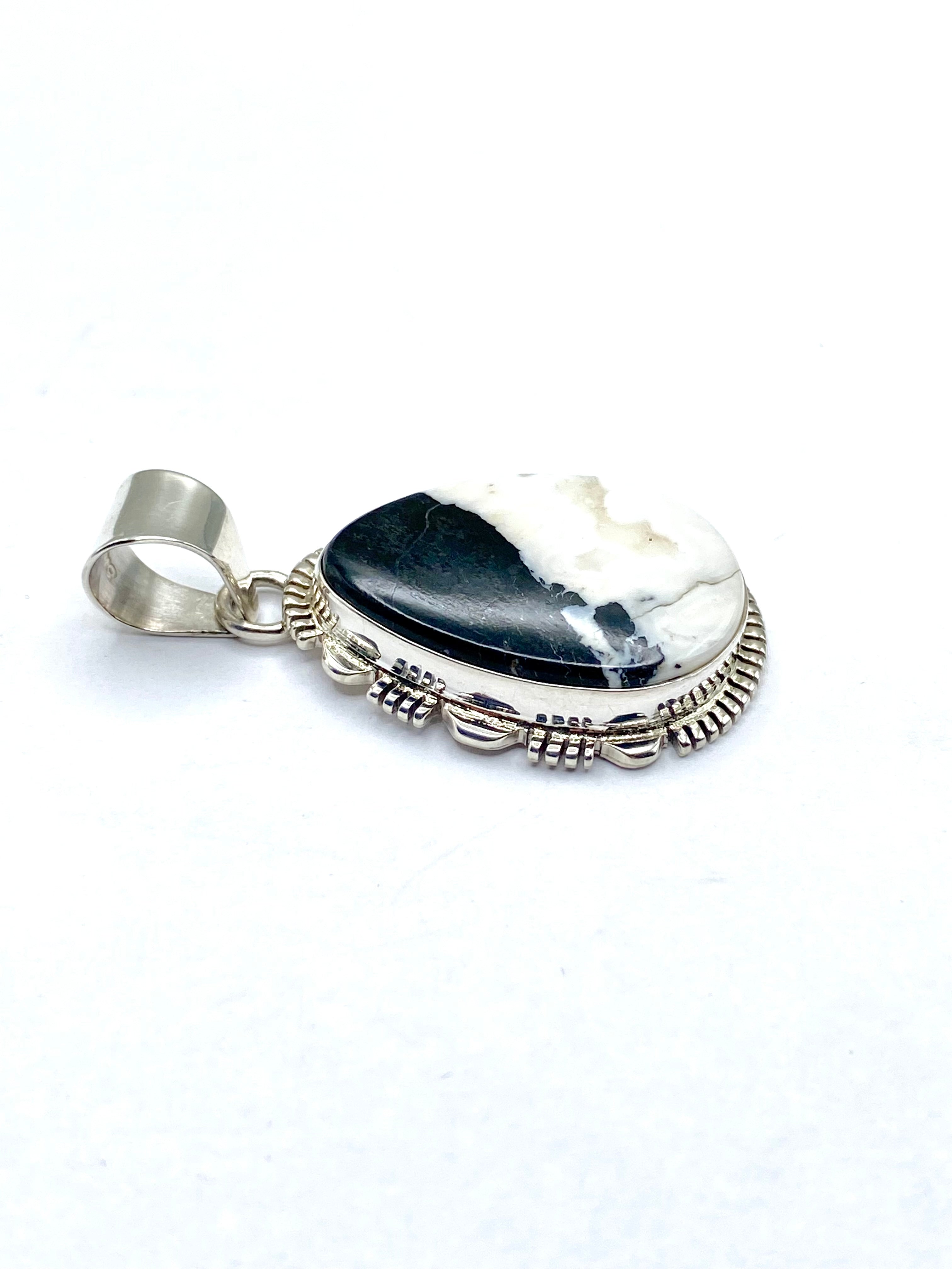 Sterling Silver Teardrop Pendant Large White Buffalo Gemstone Navajo L. Yazzie