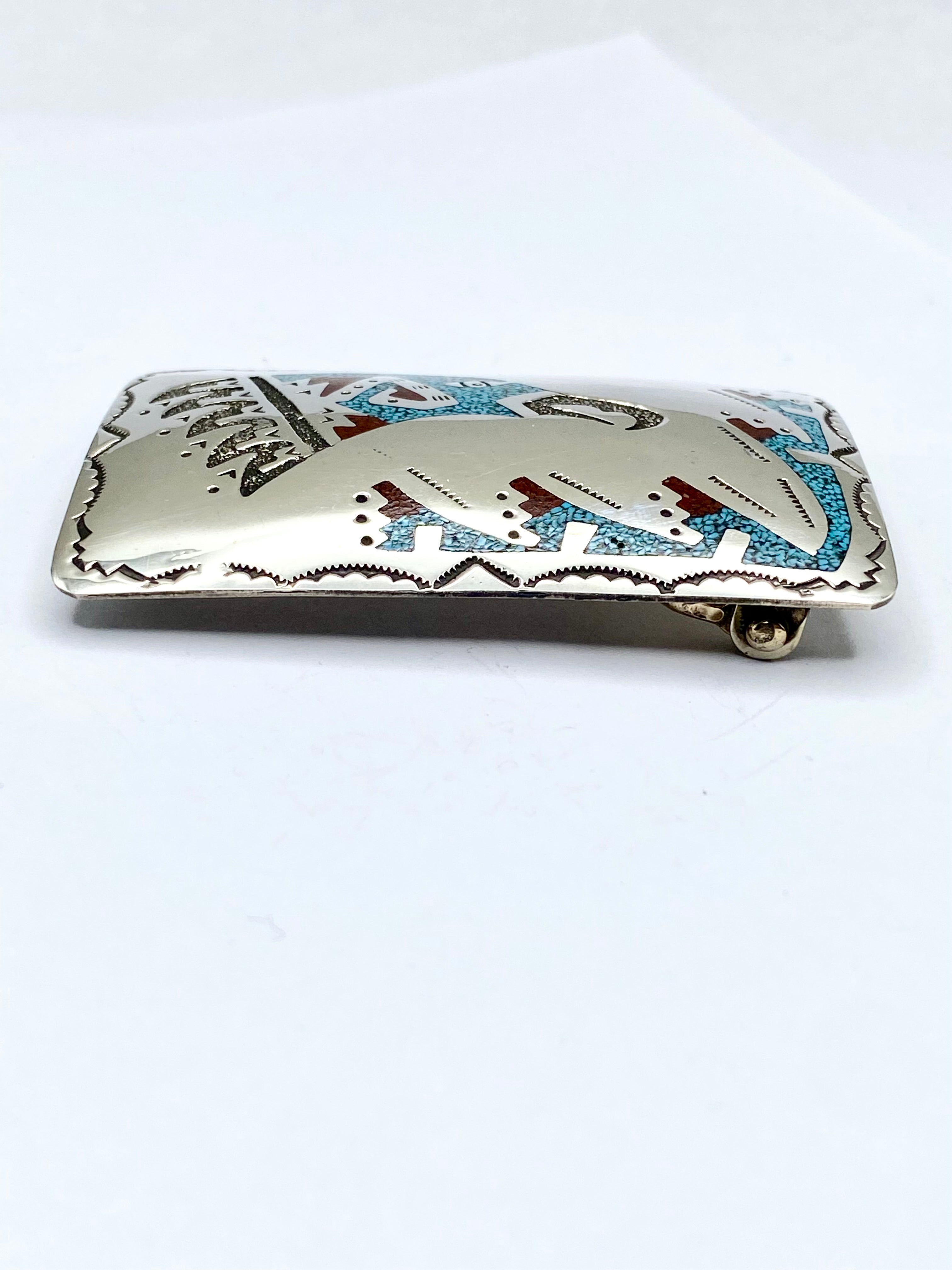Sterling Belt Buckle Turquoise Coral Chip Inlay Eagle Head Raymond Begay Navajo