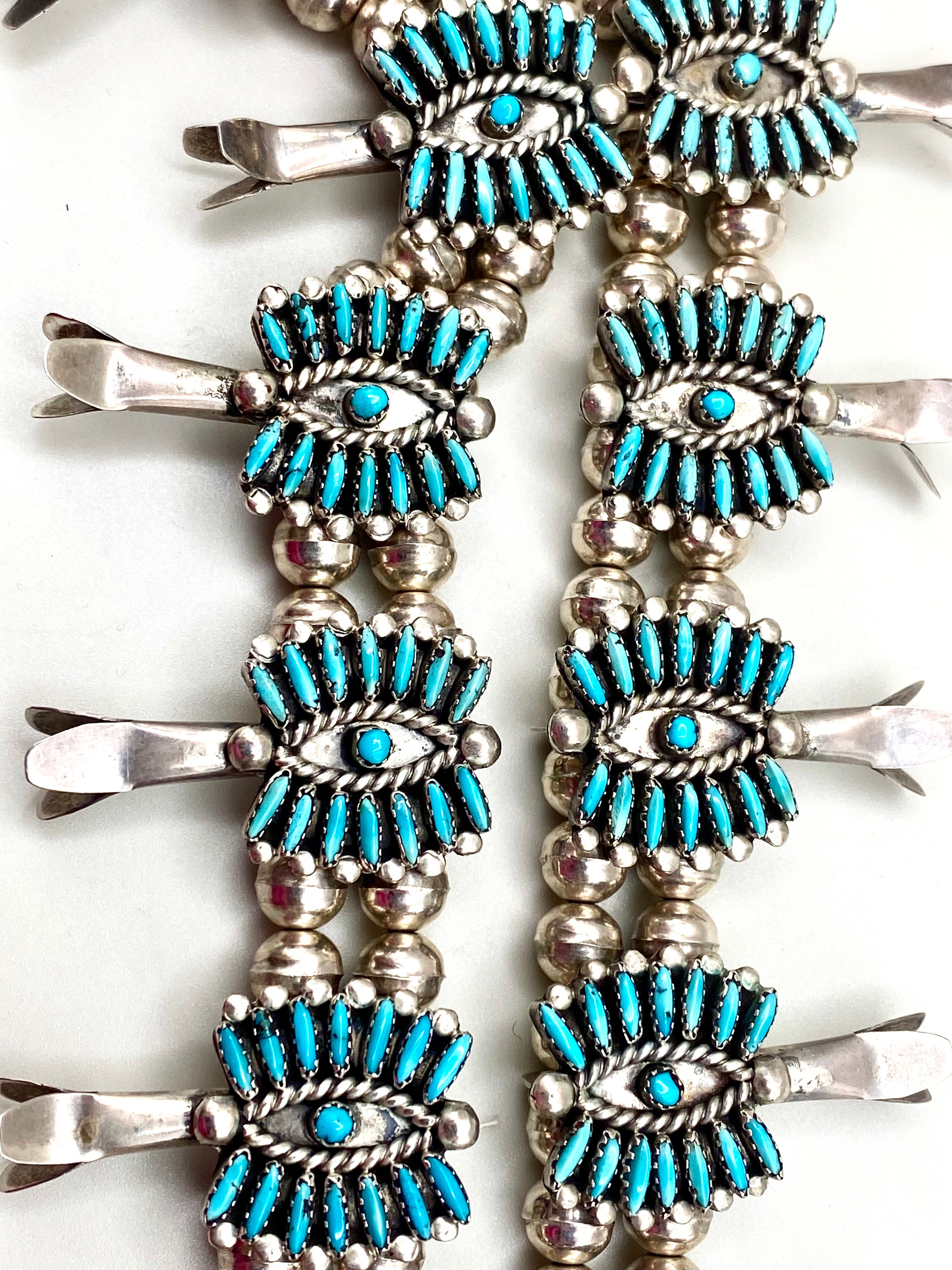 VTG Zuni Needlepoint Turquoise Squash Blossom Necklace Earring Set c. 1960s