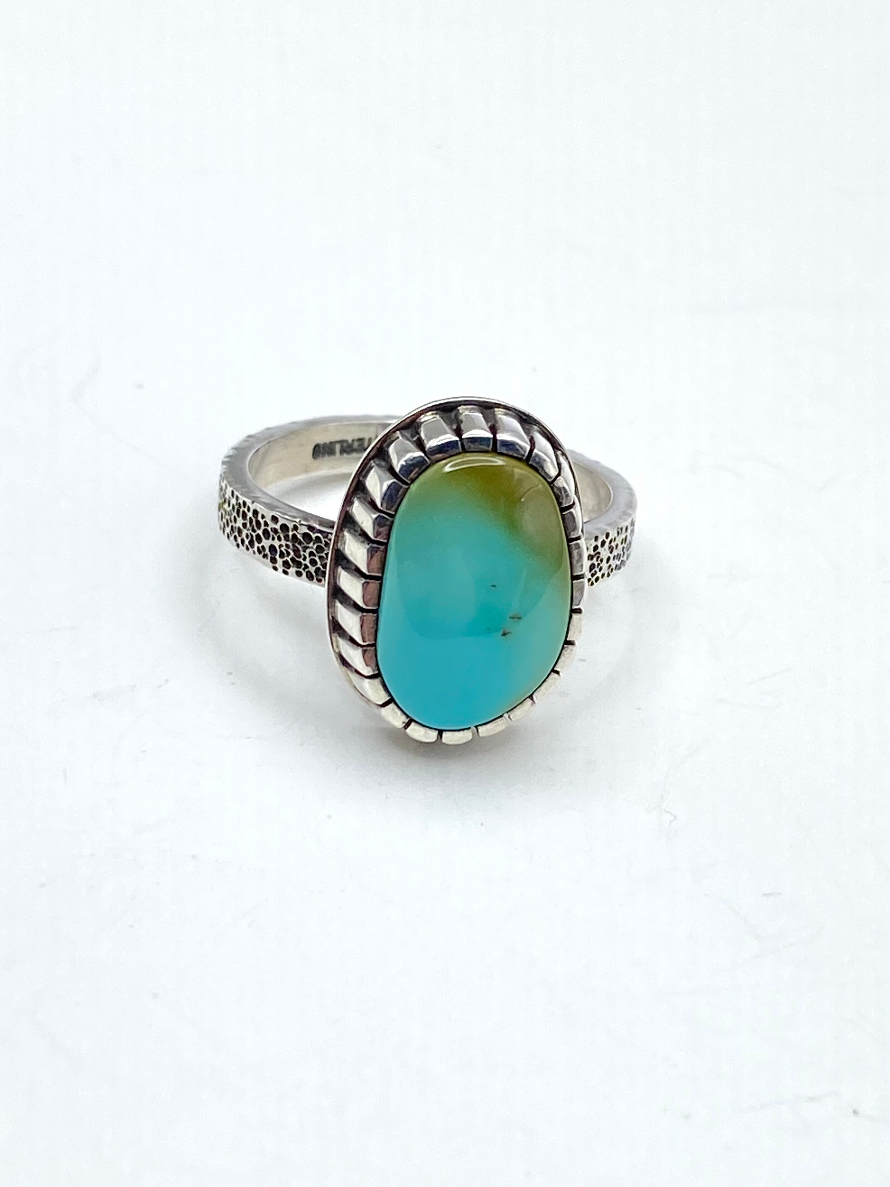 Sterling Tufa Cast Shank Ring Pilot Mountain Turquoise Size 8.5 C. Bazan Navajo