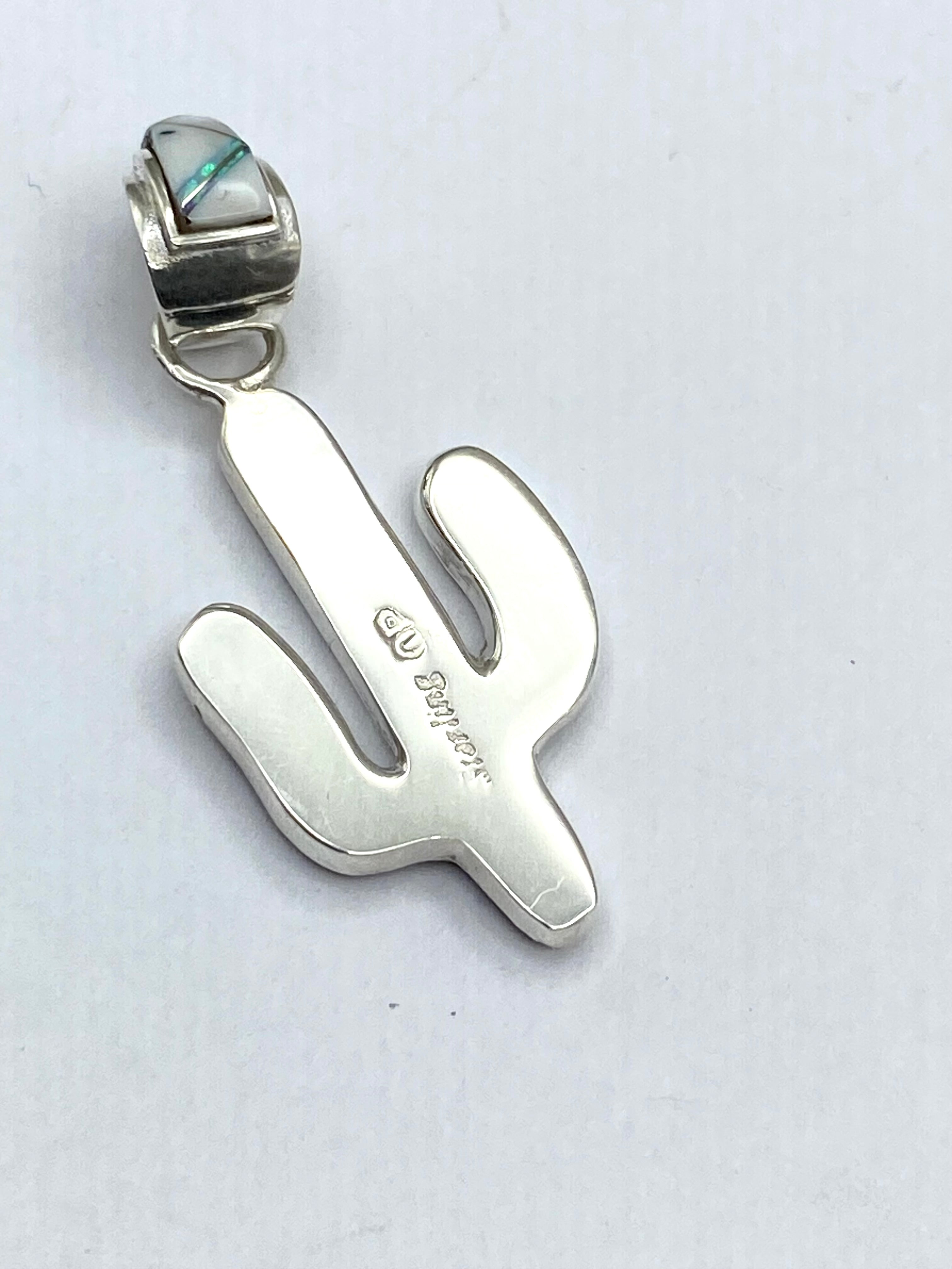 Petite Saguaro Pendant Sterling White Buffalo Opal Inlay Native American Signed