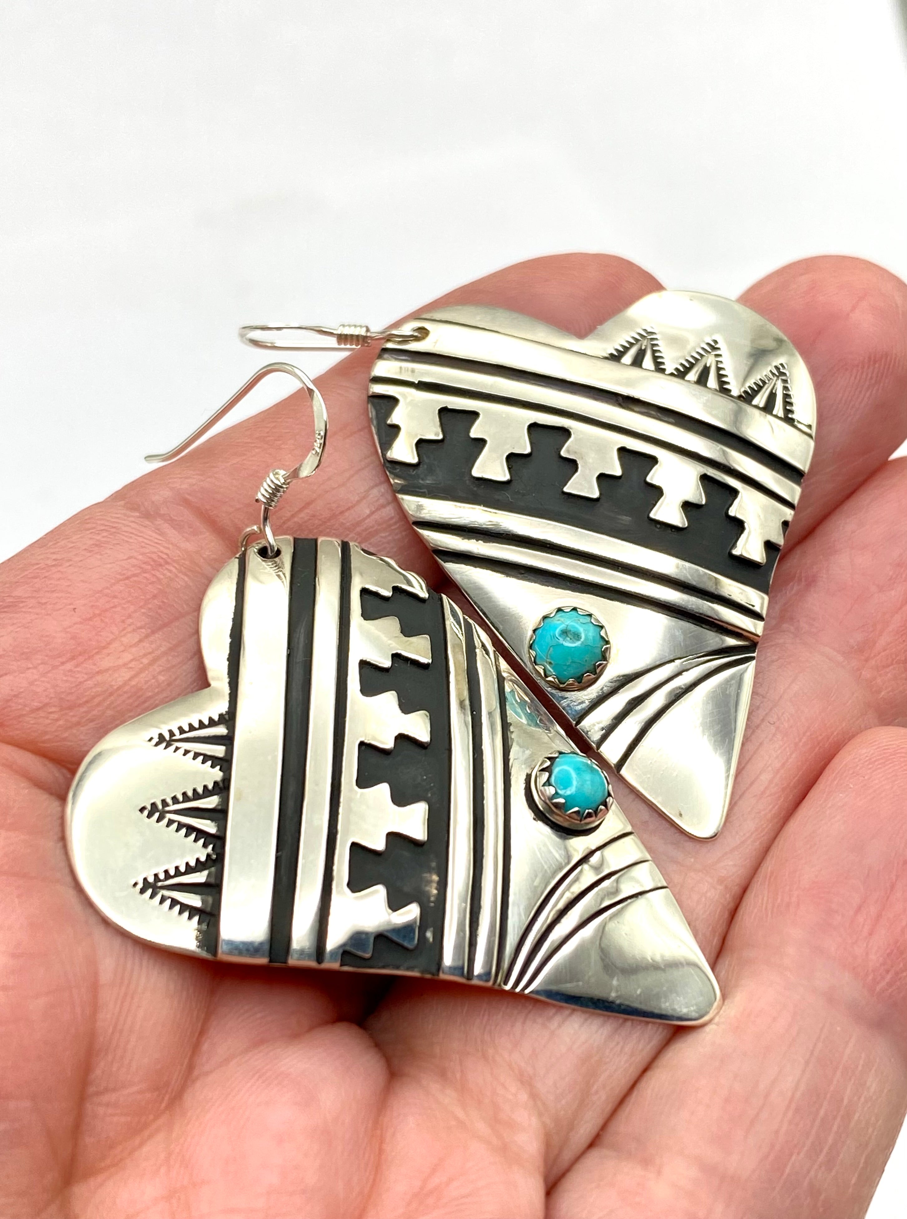 Sterling Overlay Heart Shaped Earrings Snake Eye Turquoise T&R Singer Navajo