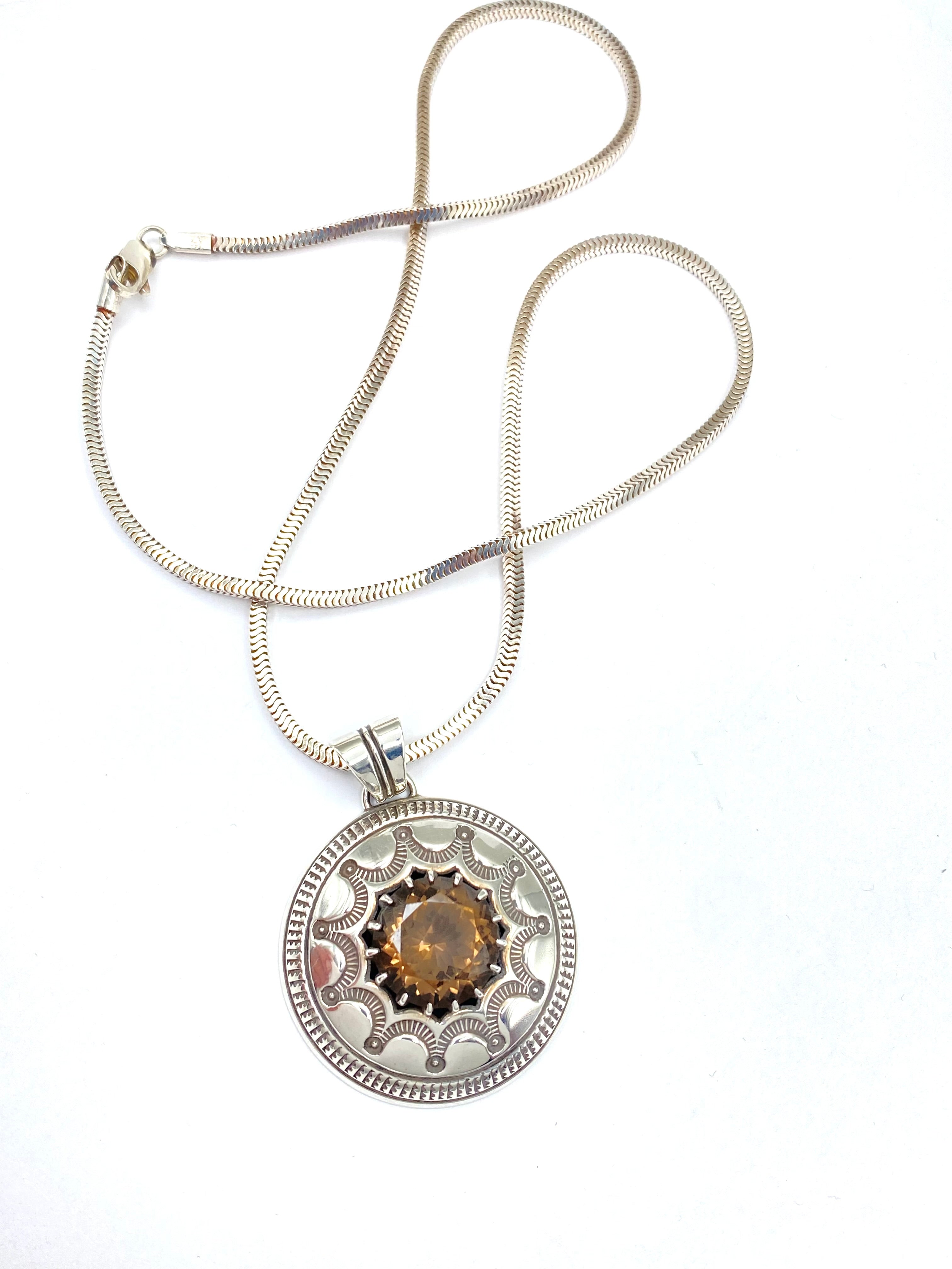 VTG Sterling Stamped Round Pendant Smoky Topaz Native American Signed