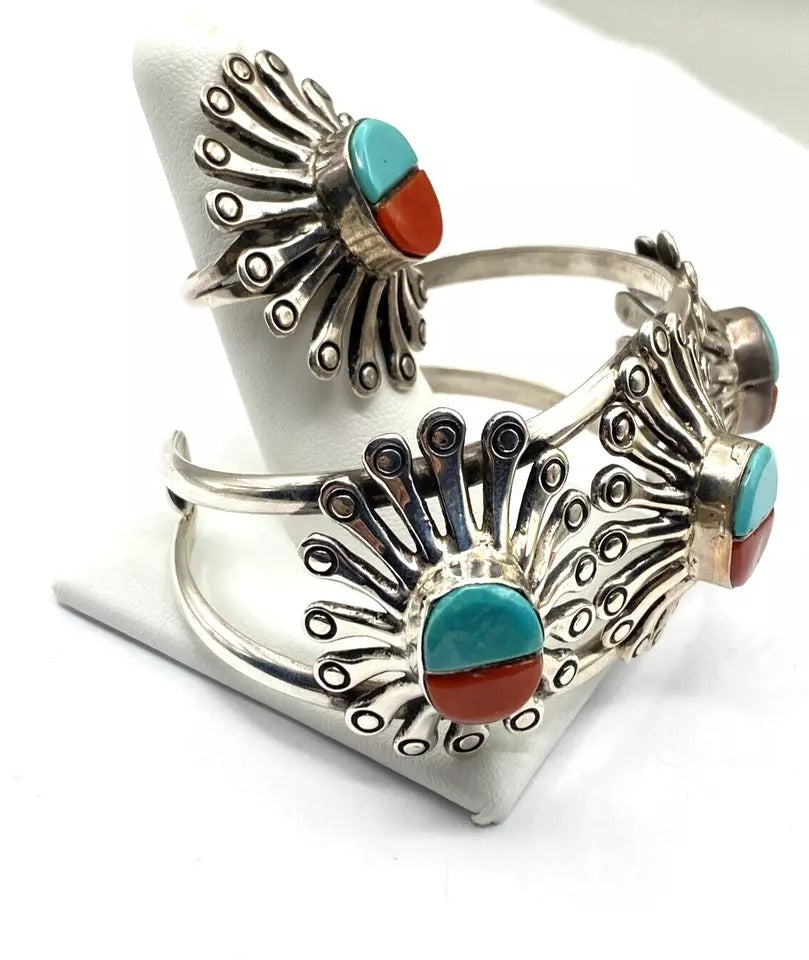 Turquoise Coral Inlay Bracelet Ring Set Vintage Sterling Silver Navajo 1970s