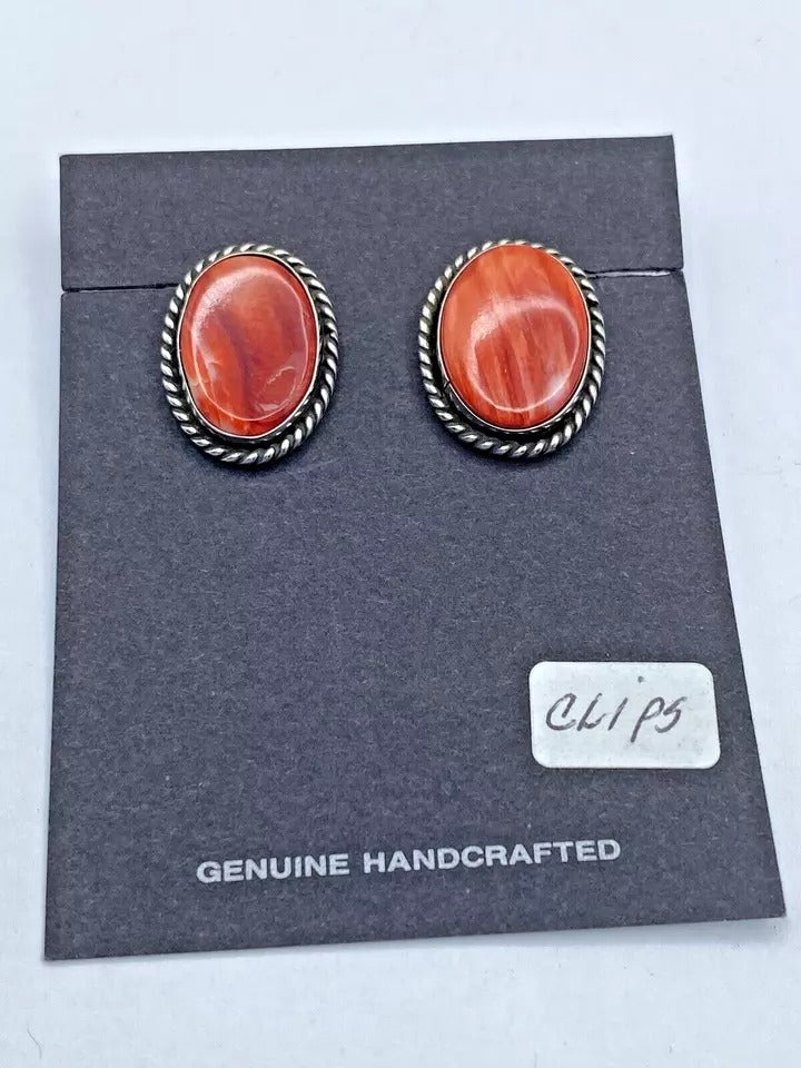 Vintage Spiny Oyster Shell Earrings Sterling Silver CLIP ON Native American